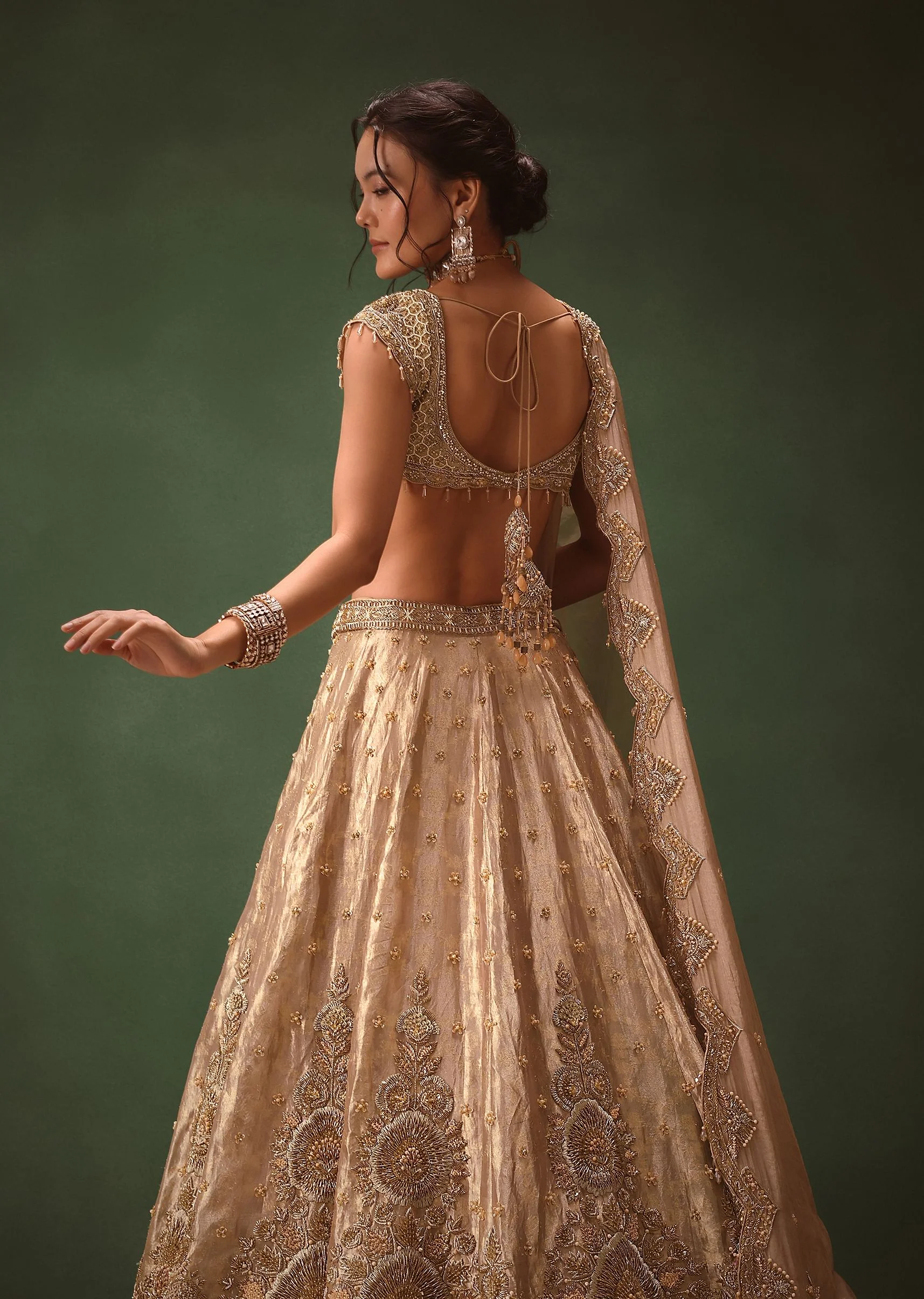 Dusty Pink Brocade Hand Embroidered Bridal Lehenga With Two Dupattas - Image 4