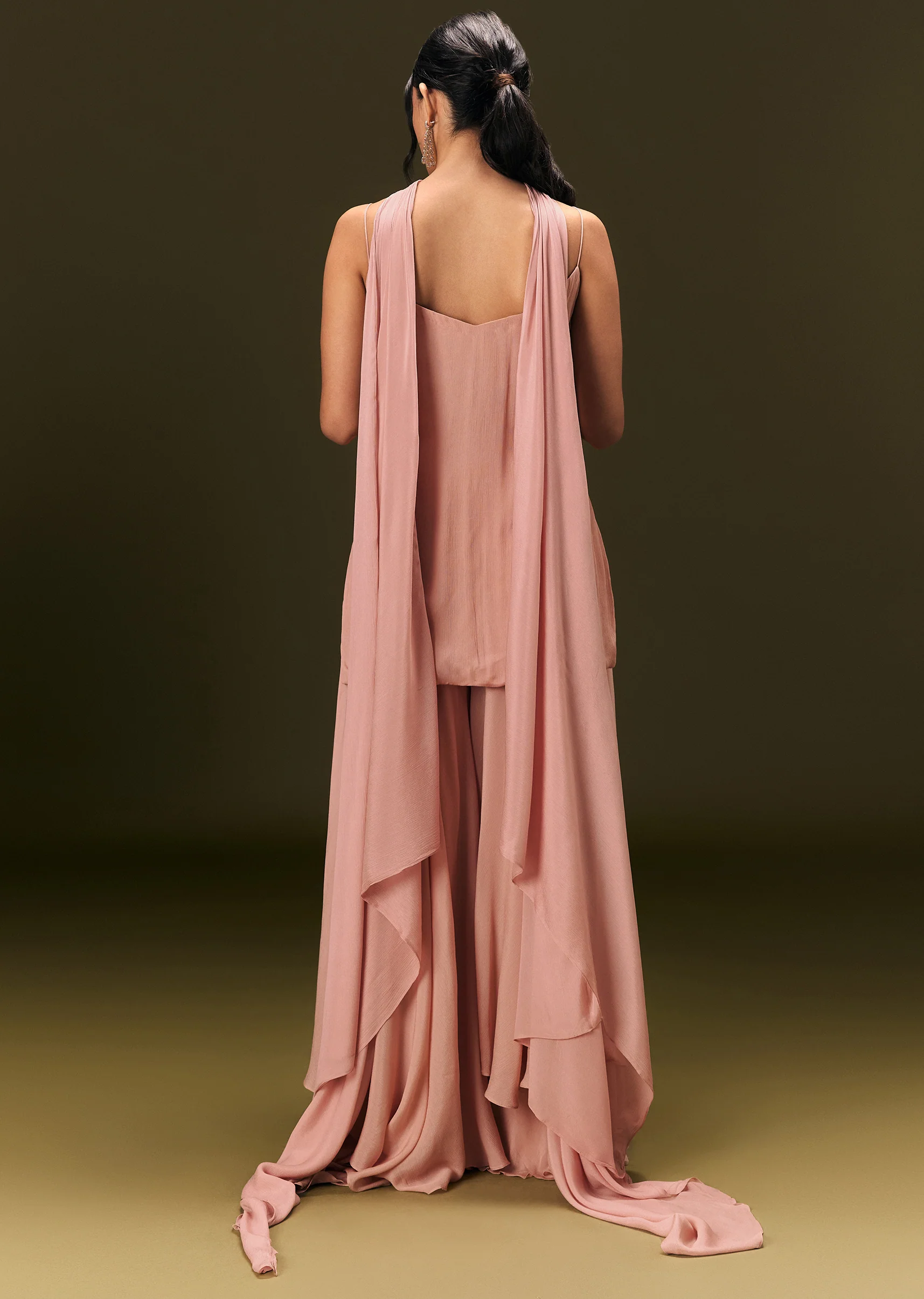 Dusty Pink Chinon Embroidered Kurti With Flared Pant And Choker Dupatta - Image 5