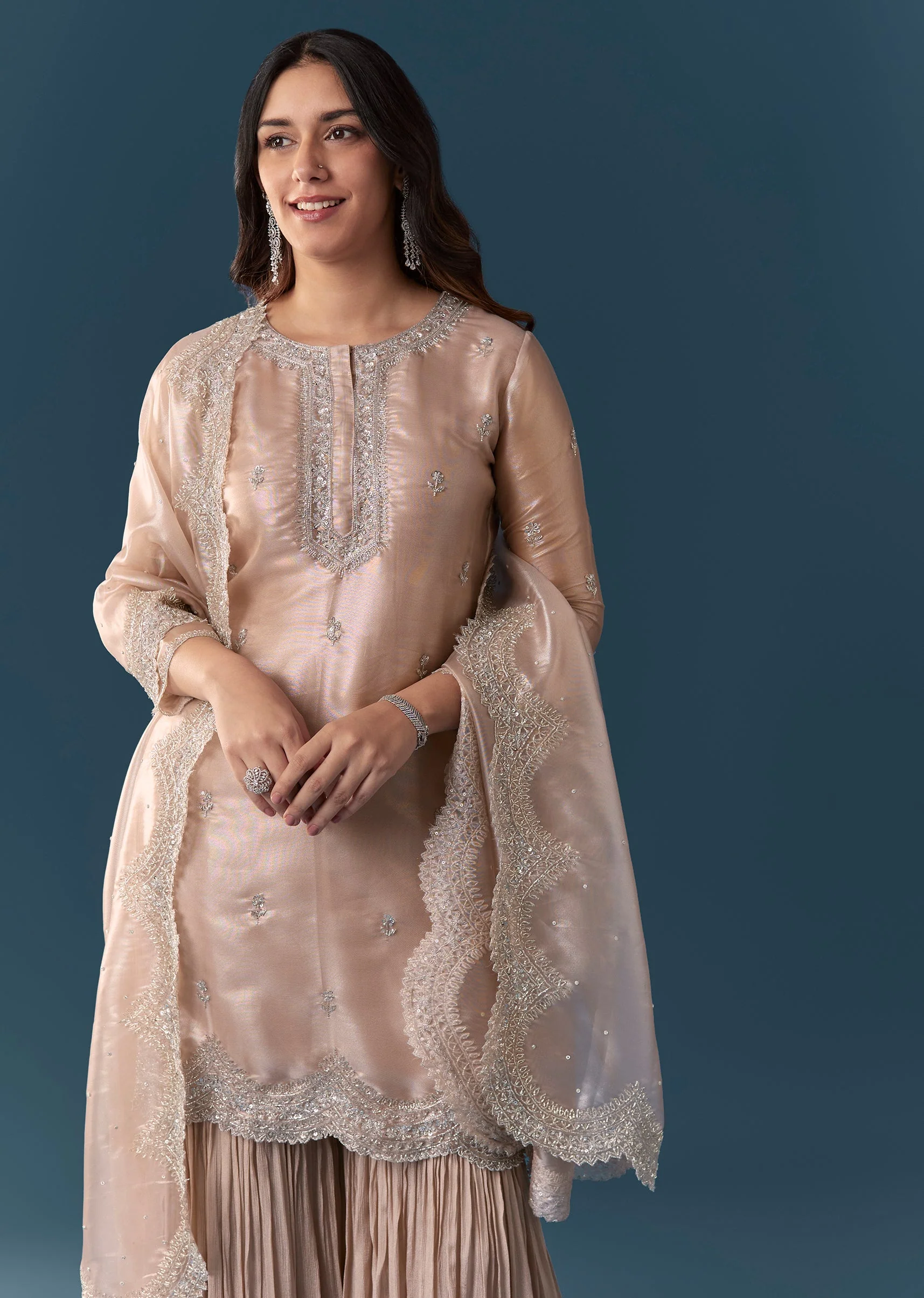 Dusty Pink Embellished Sharara Suit Set With Dupatta - Image 4