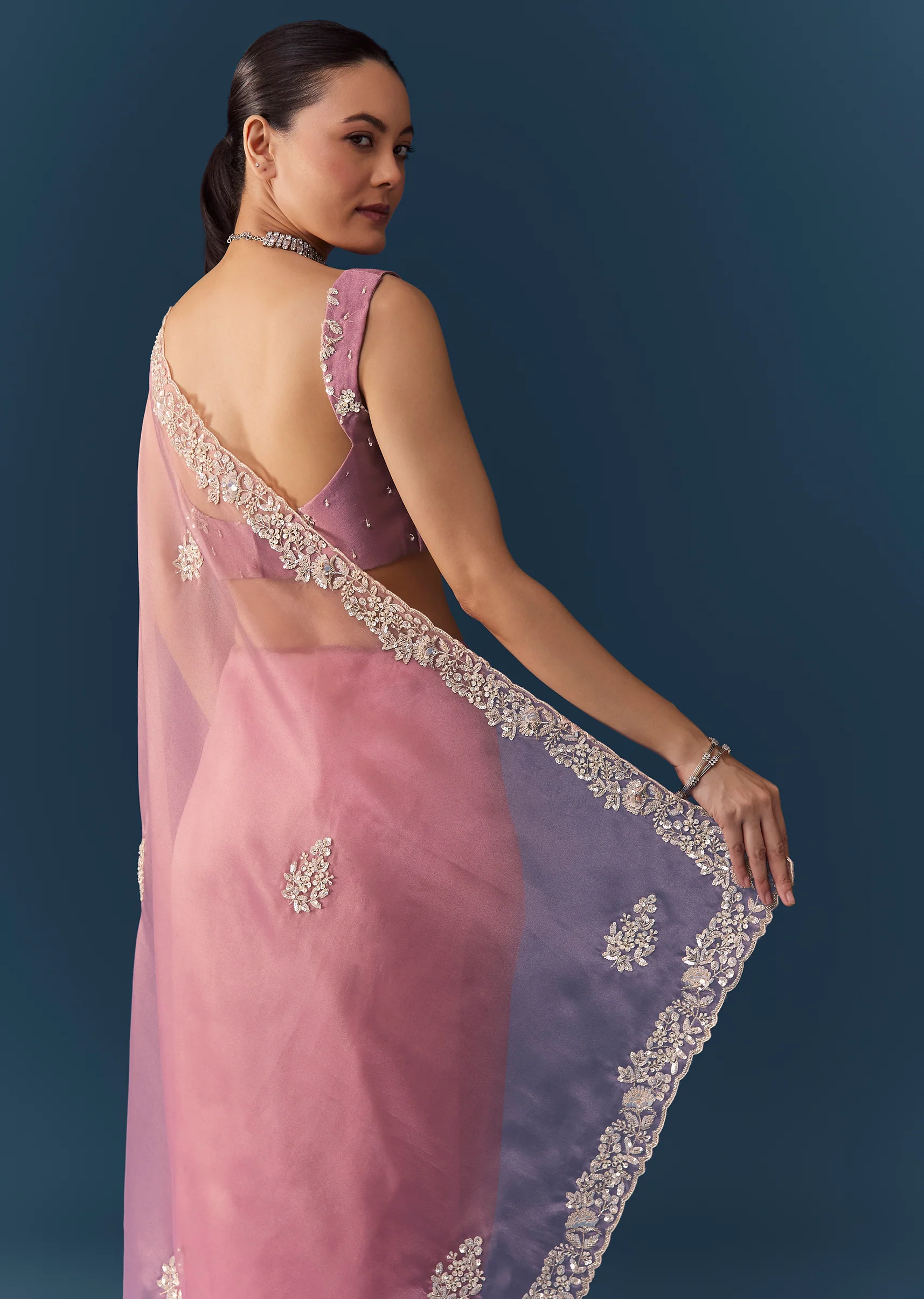 Dusty Pink Embroidered Saree with Blouse Fabric - Image 6
