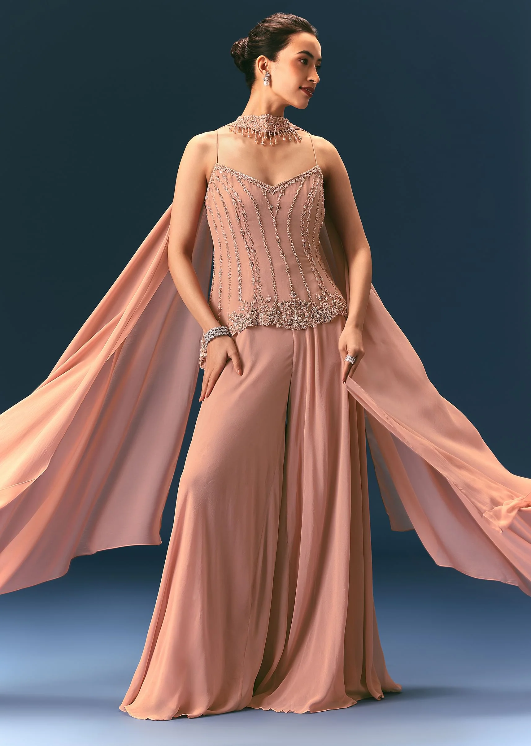 Dusty Pink Hand Embroidered Sharara Suit With Choker Dupatta - Image 3