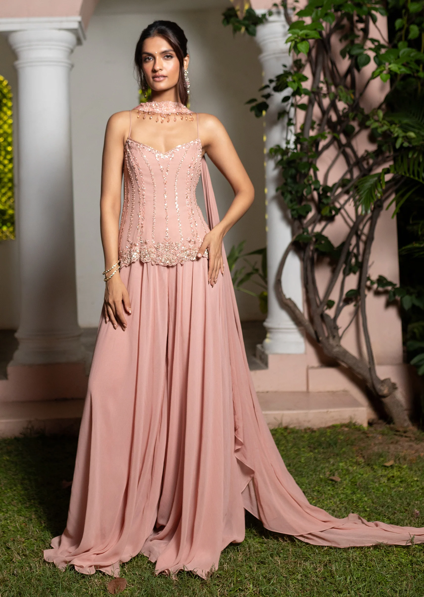 Dusty Pink Hand Embroidered Sharara Suit With Choker Dupatta - Image 6