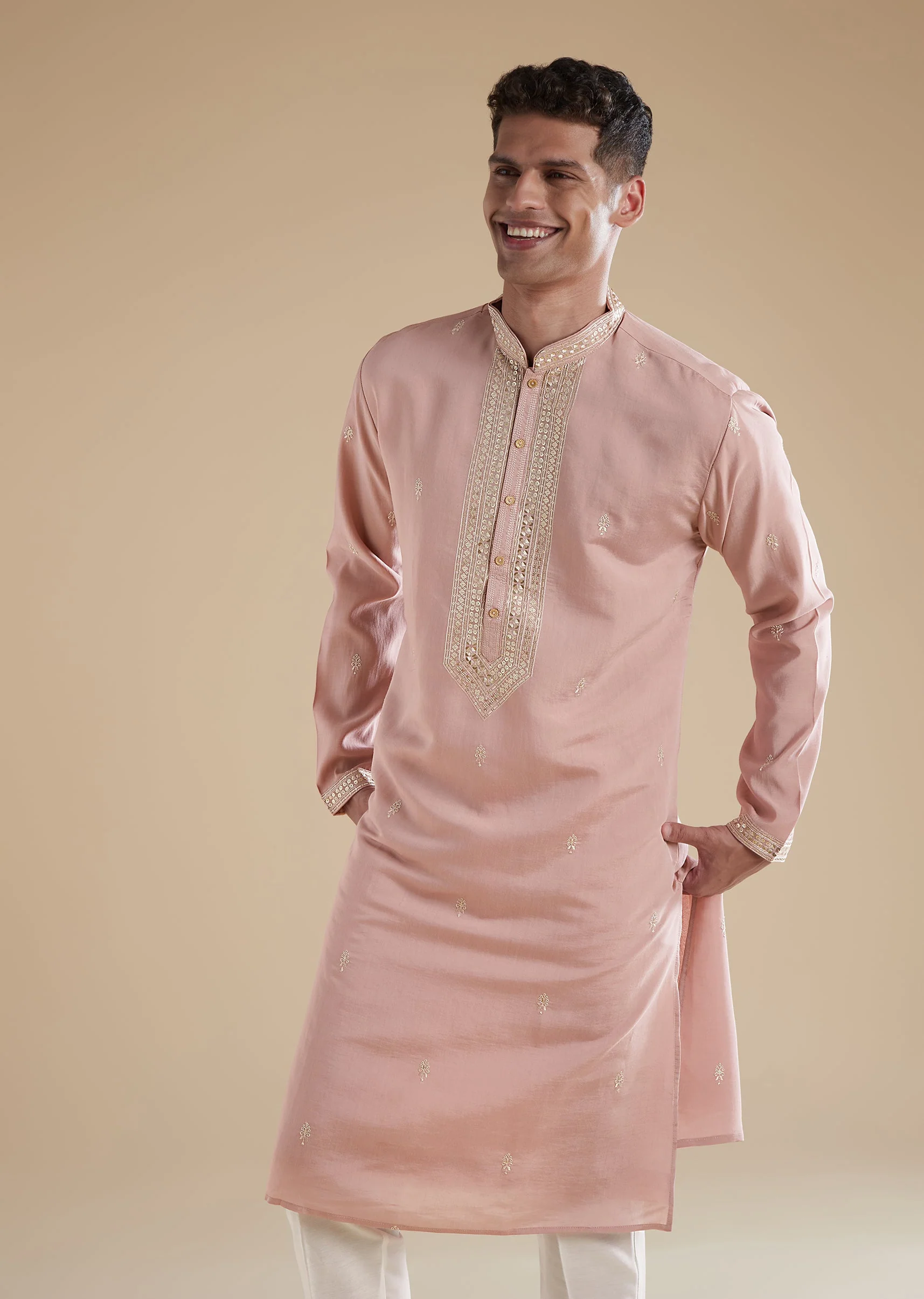 Dusty Pink Kurta Set In Silk Blend - Image 3