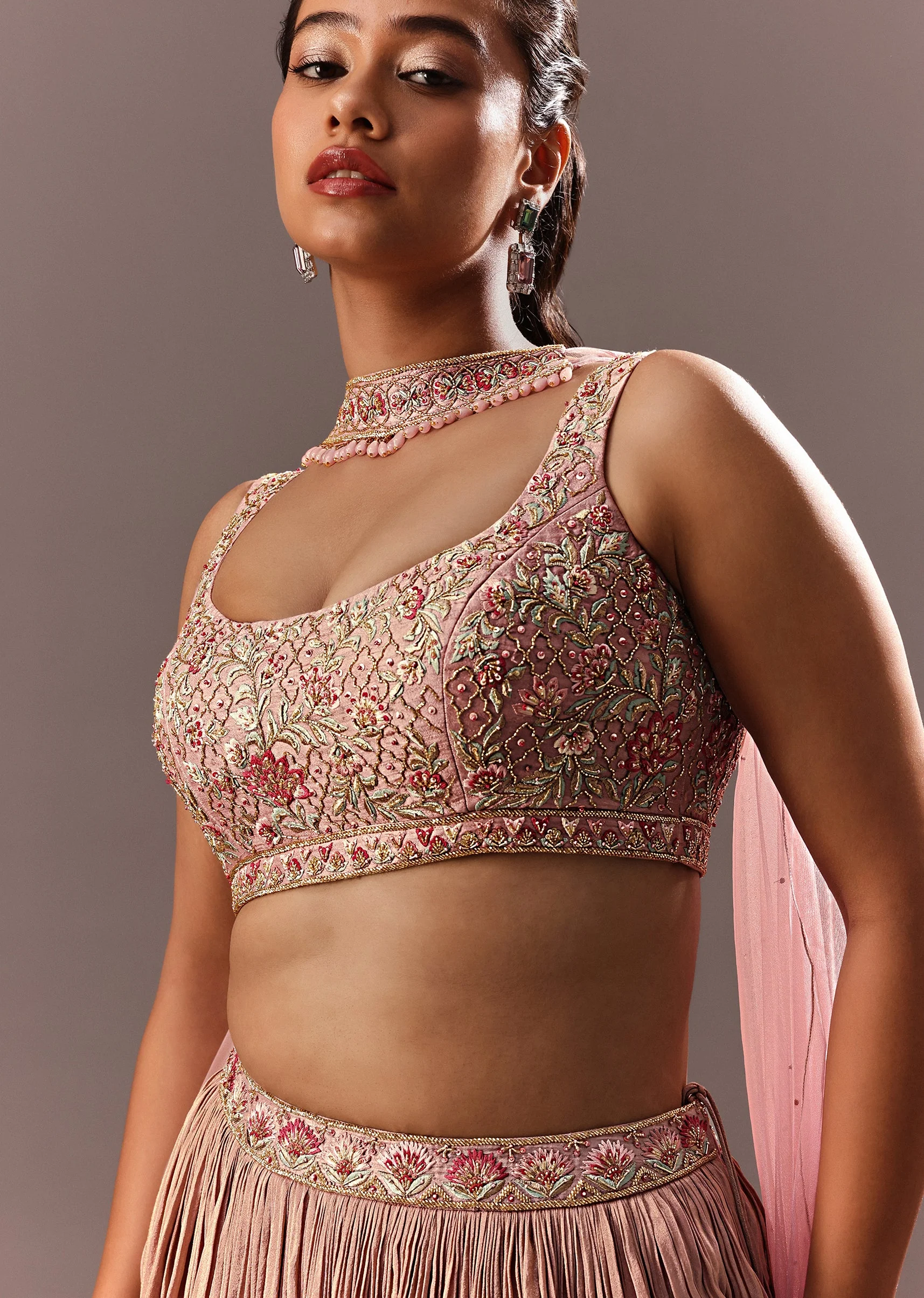 Dusty Pink Ruching Lehenga With Embroidered Blouse And Choker Dupatta - Image 2