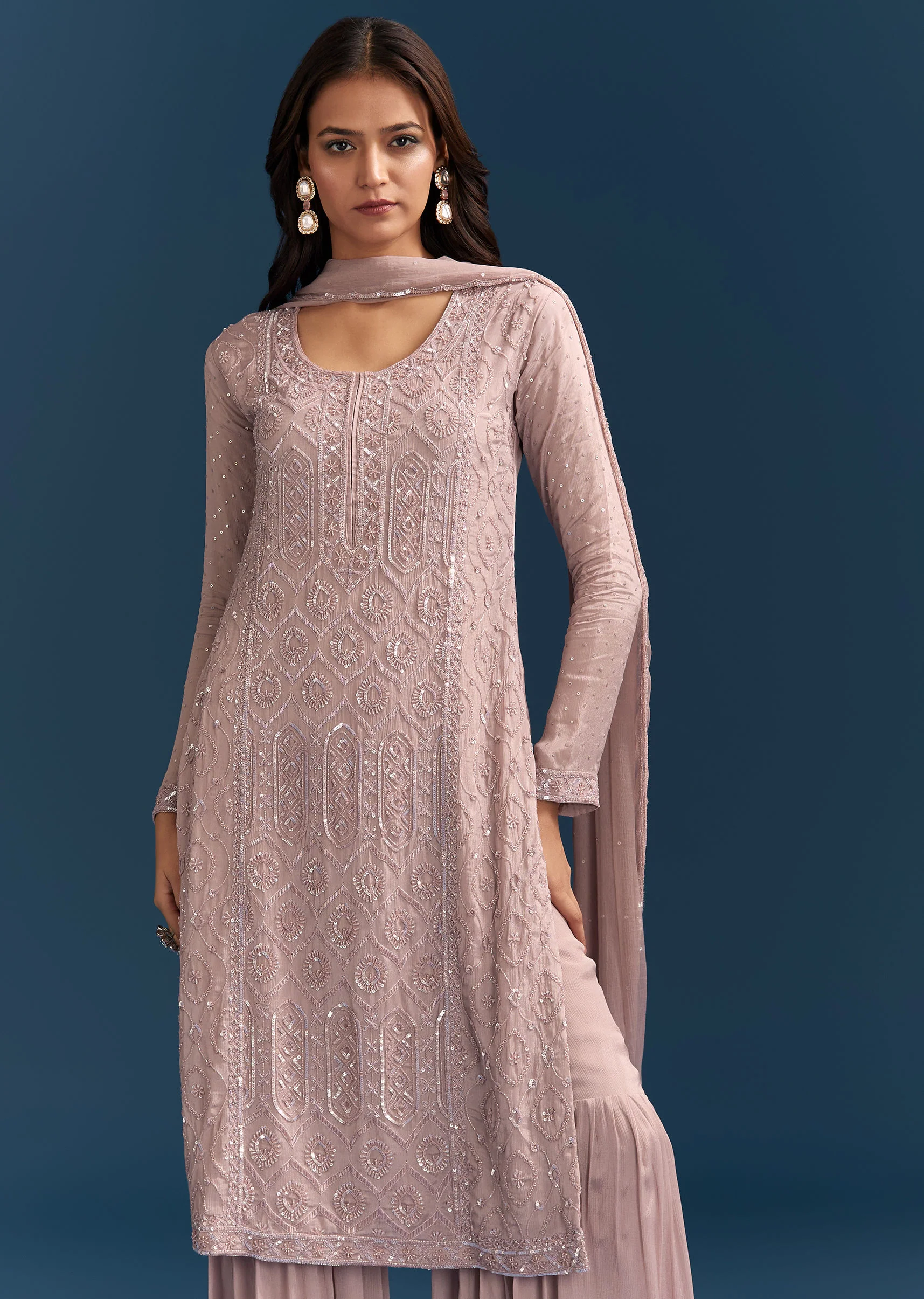 Dusty Pink Sharara Suit With Sequins Work And Dupatta - Image 3