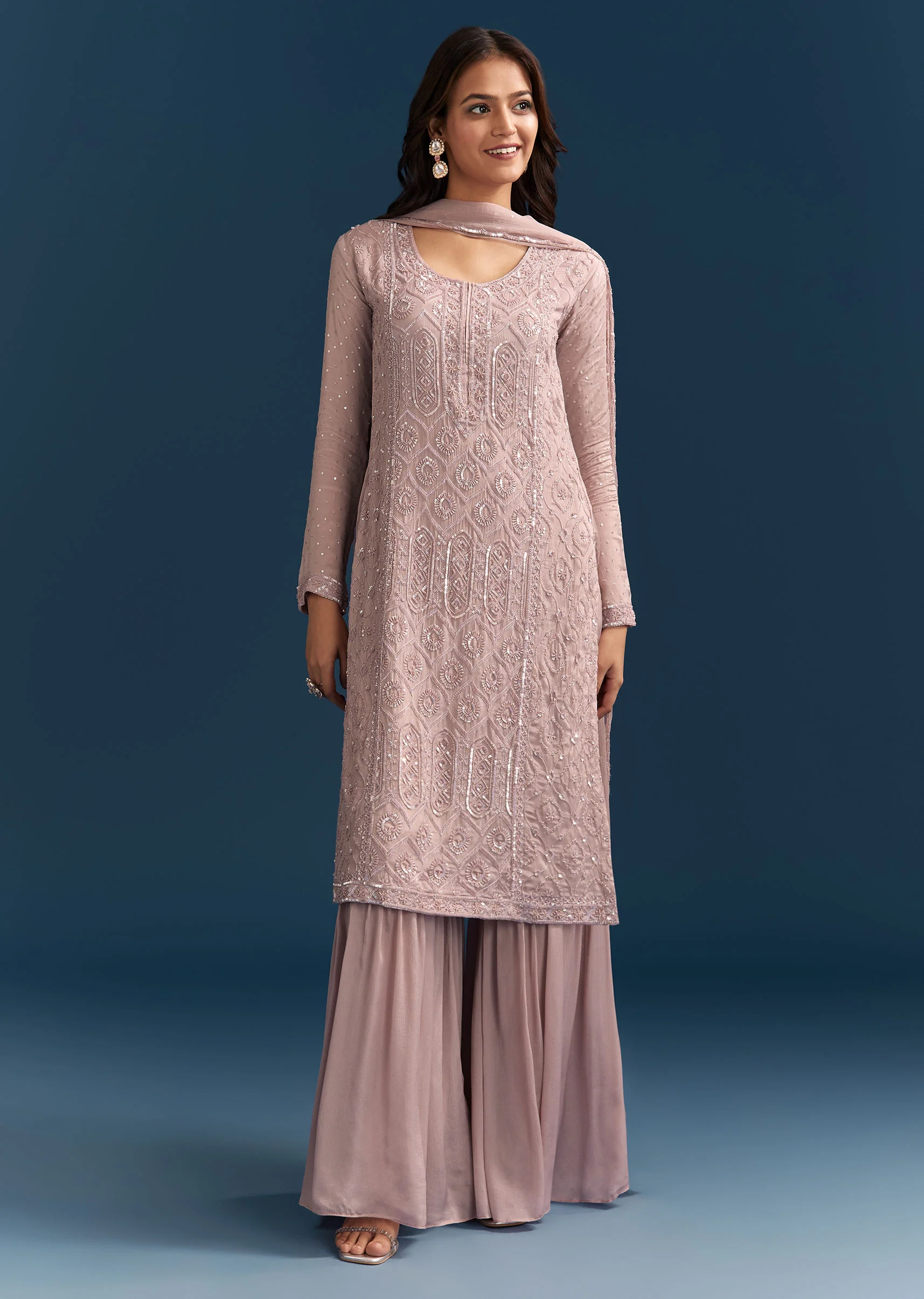 Dusty Pink Sharara Suit With Sequins Work And Dupatta - Image 4