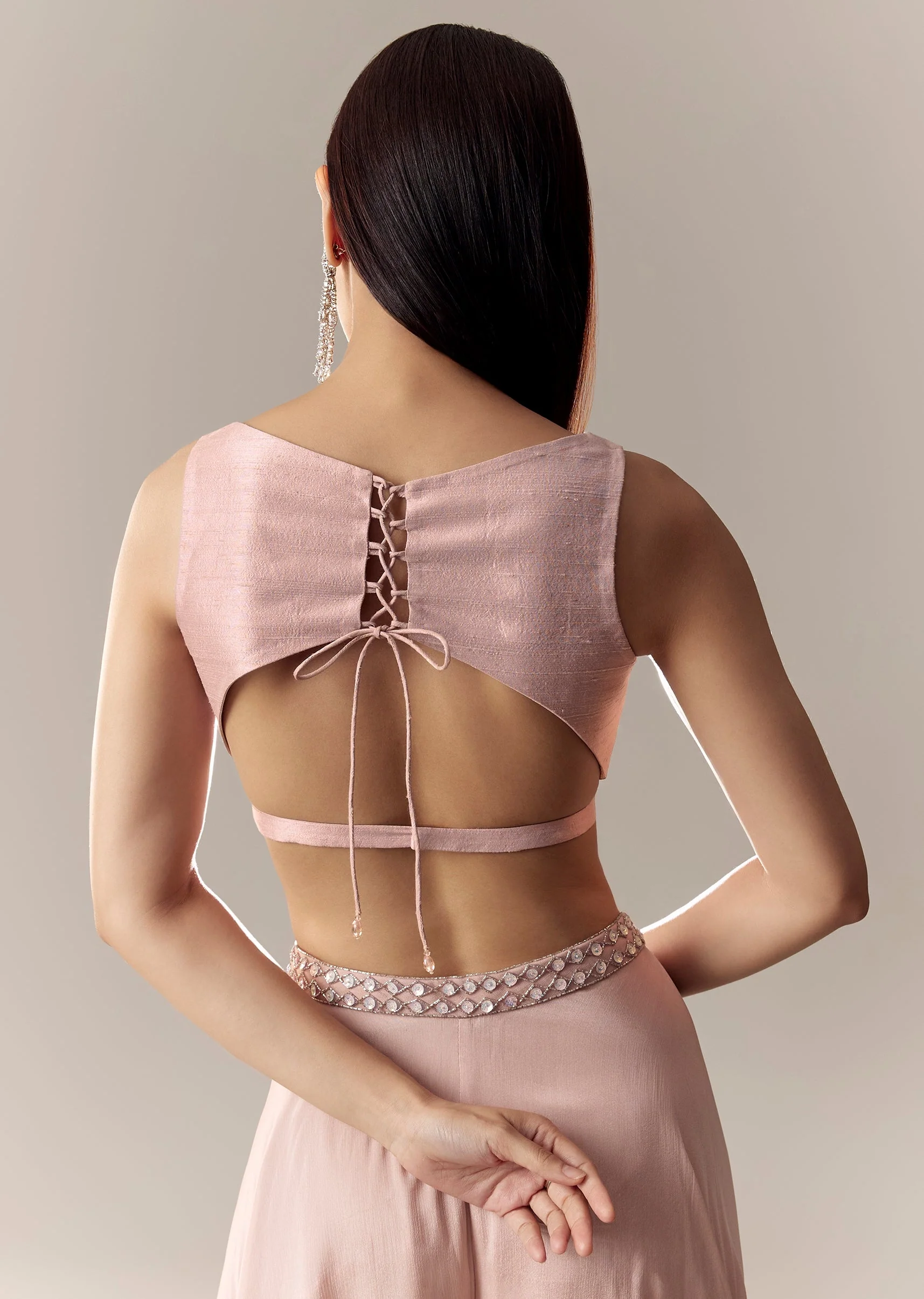 Dusty Pink V Neck Cut Out Tie Back Blouse - Image 3
