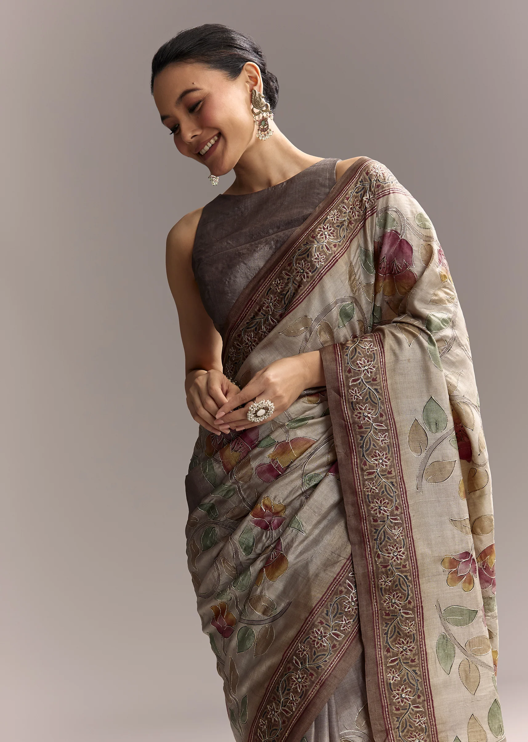 Earthy Grey Artistic Couple Set – Grey Hand-Painted Cotton Saree For Her And Taupe Brown Printed Silk Kurta For Him - Image 4