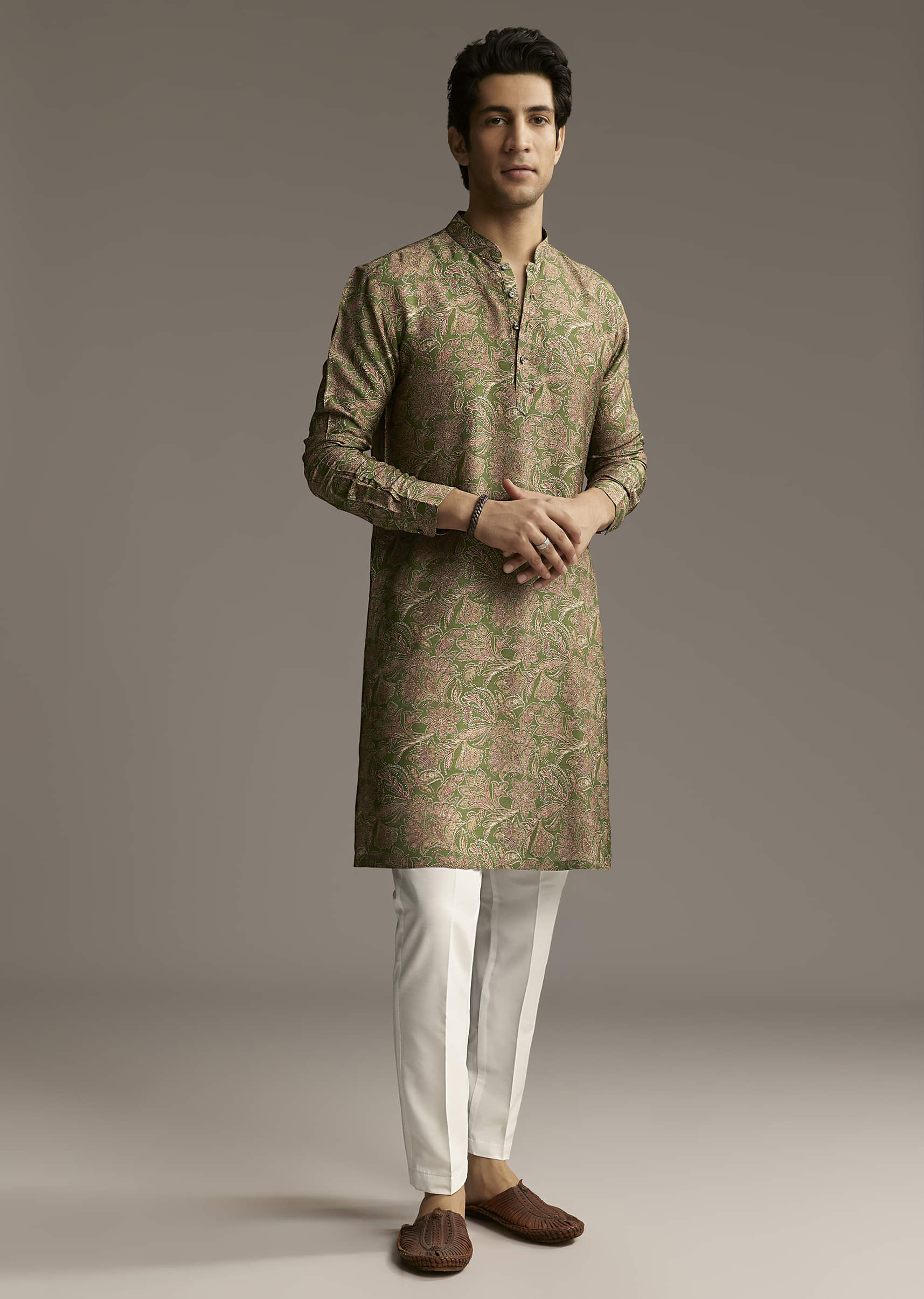 Eathy Brown Silk Designer Kurta For Men With Subtle Floral Vine Print - Image 3
