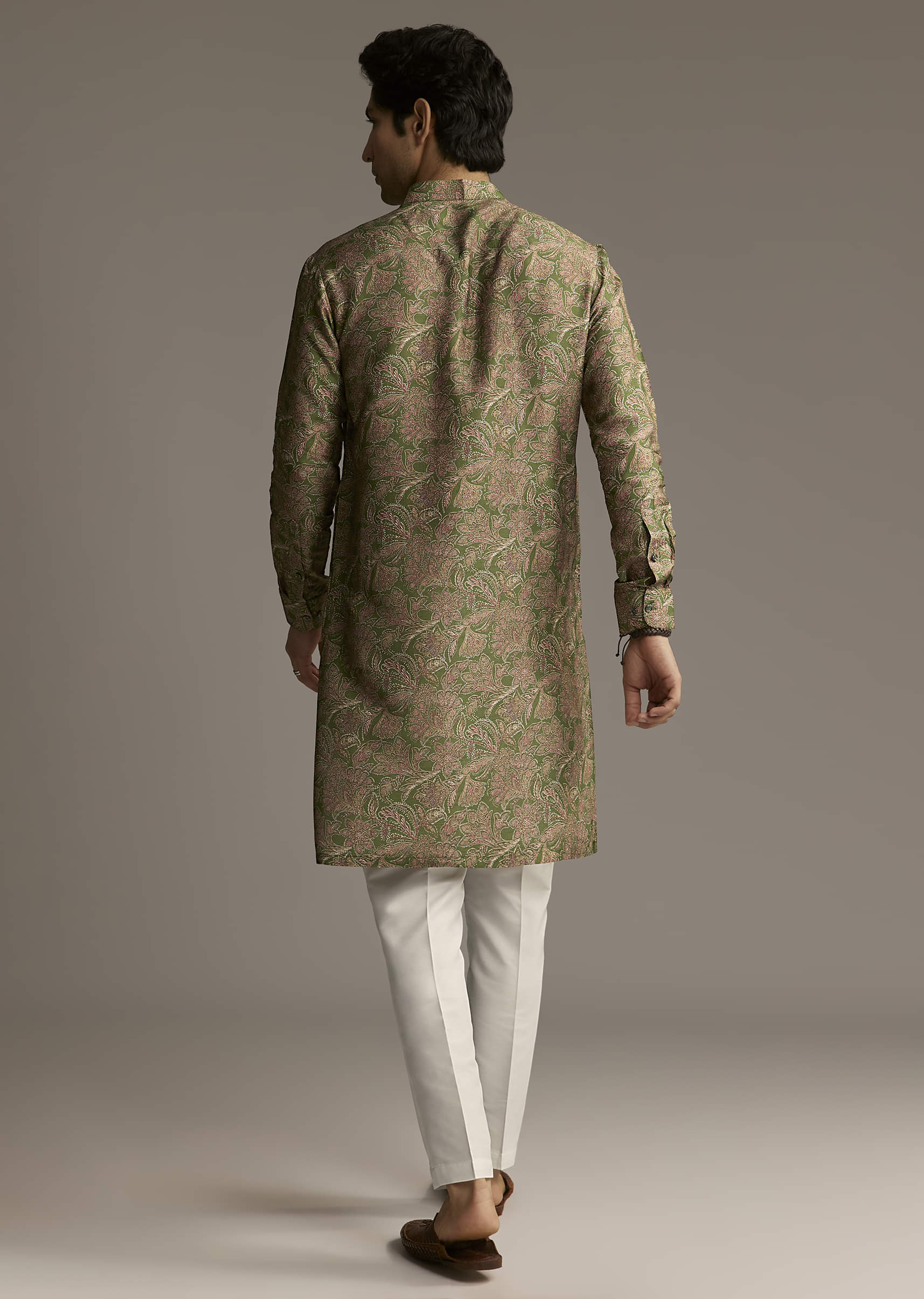 Eathy Brown Silk Designer Kurta For Men With Subtle Floral Vine Print - Image 5