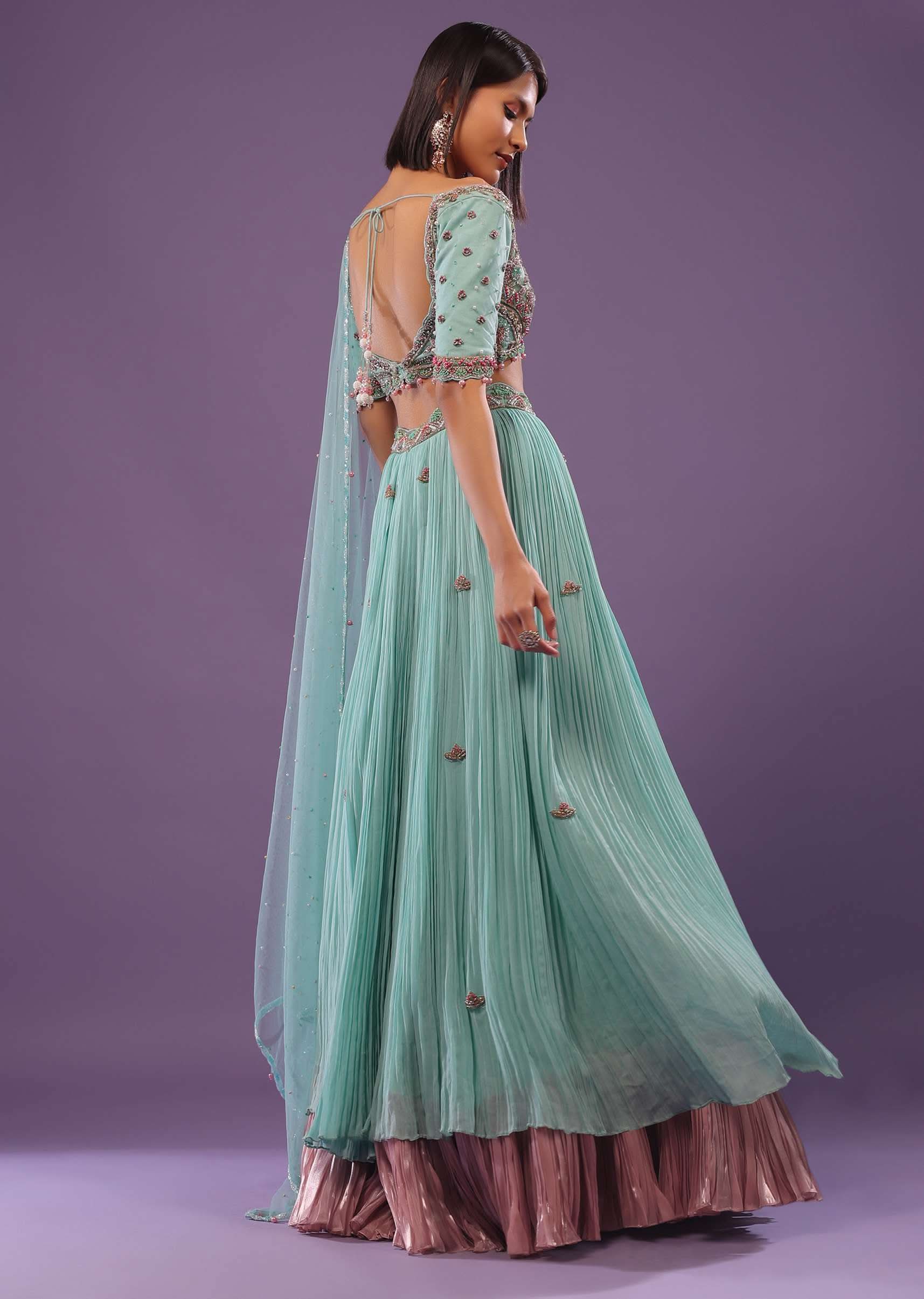 Sky Blue Embroidered Lehenga In Georgette - Image 2