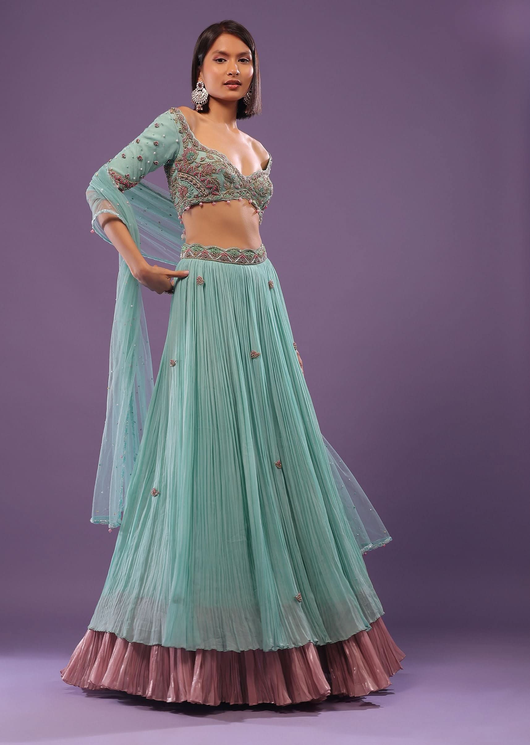 Sky Blue Embroidered Lehenga In Georgette - Image 3