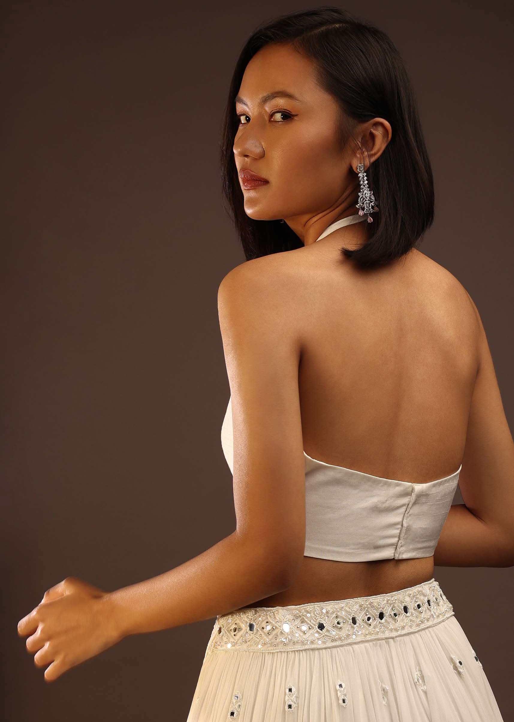 Egret White Halter Neck And Back Tie-Up Blouse With Back Hooks Closure - Image 2