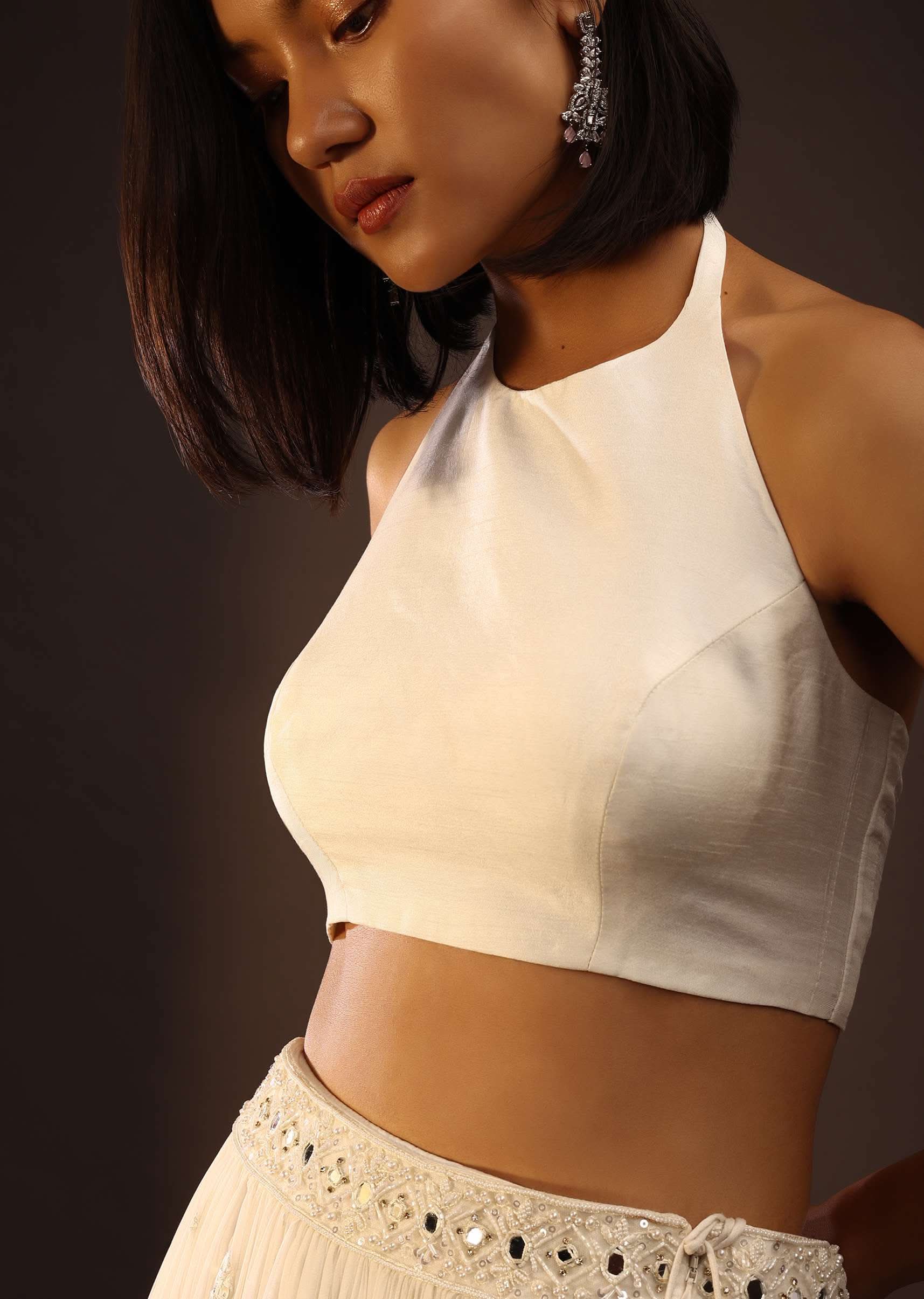 Egret White Halter Neck And Back Tie-Up Blouse With Back Hooks Closure - Image 4