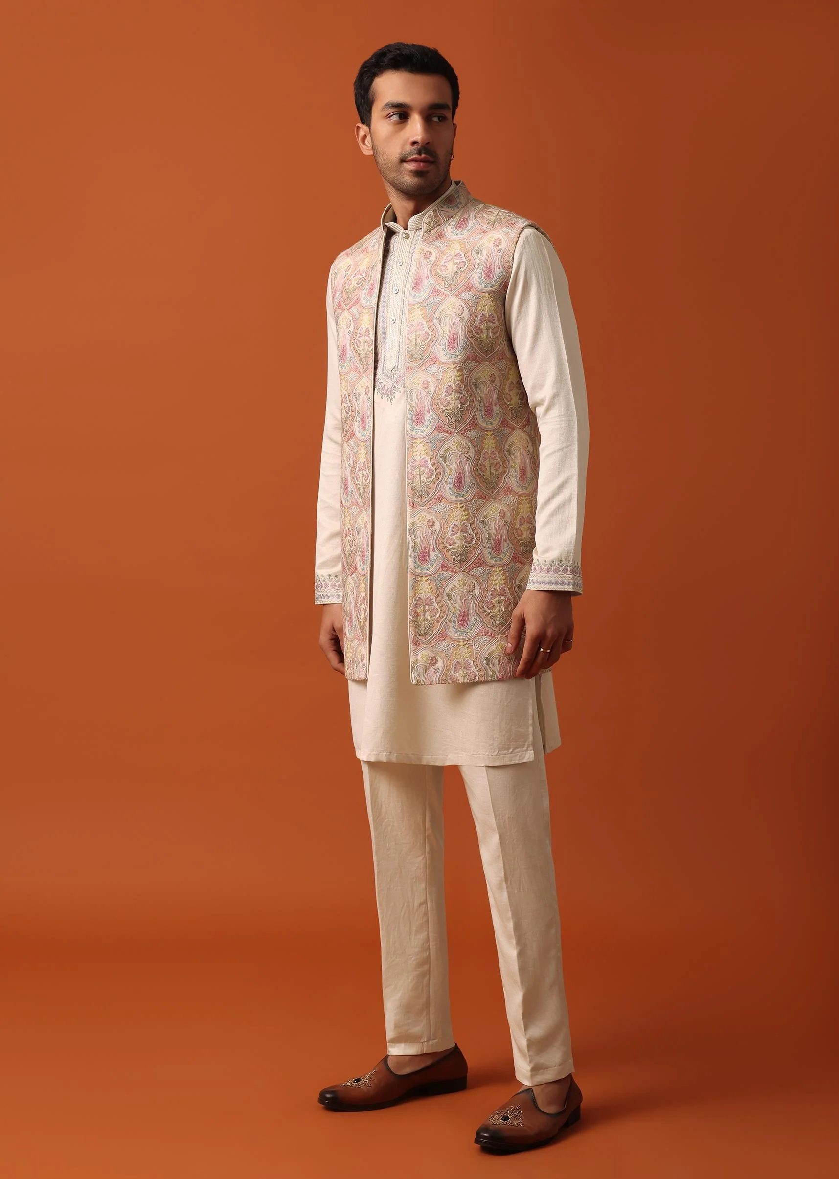 Elegant Beige Exquisite Embroidered Jacket Kurta Set - Image 3