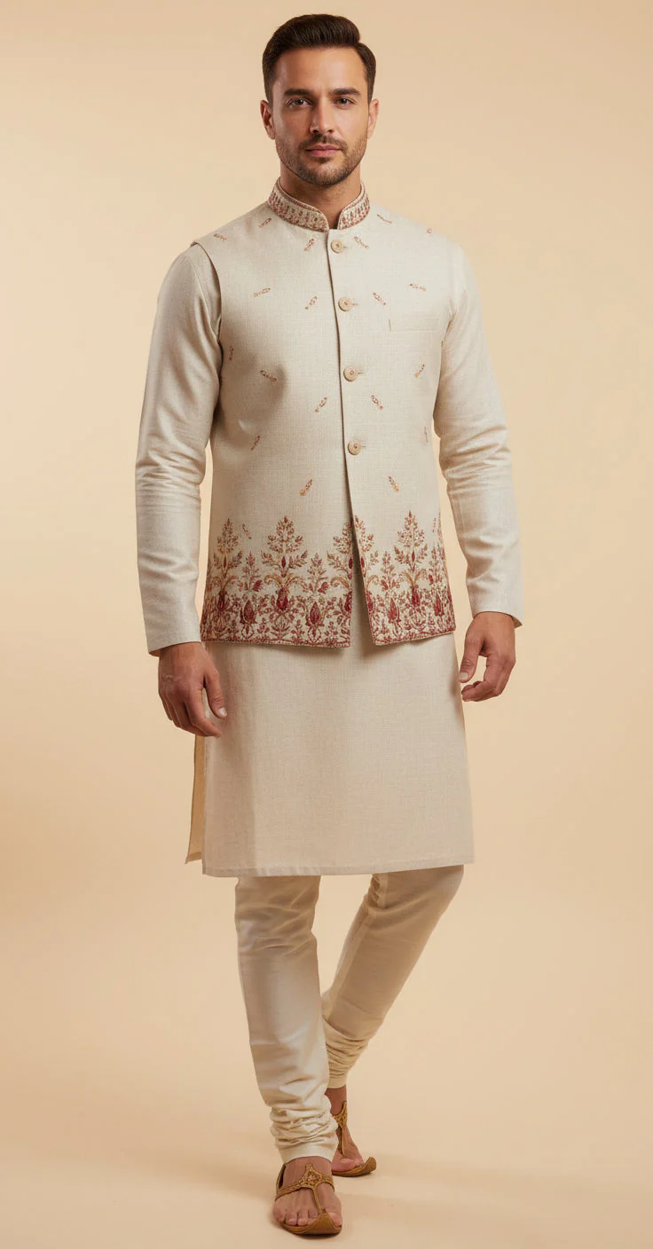 Elegant Beige Jacket Kurta Set - Image 2