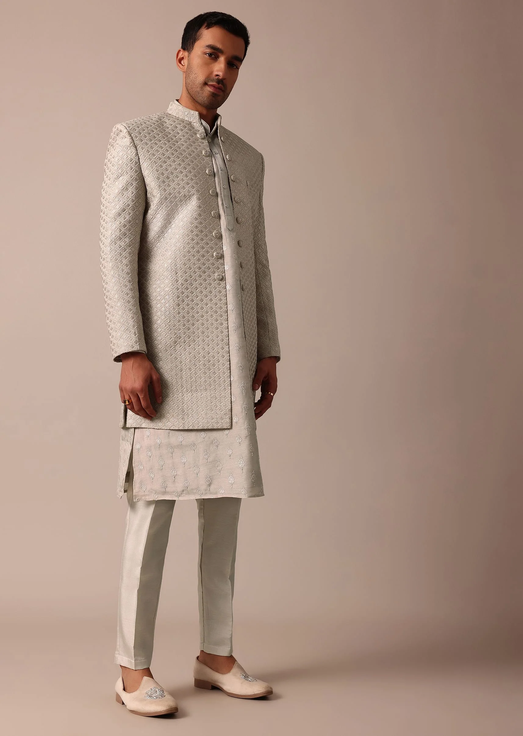 Elegant Beige Silk Sherwani Set With Intricate Embroidery - Image 4