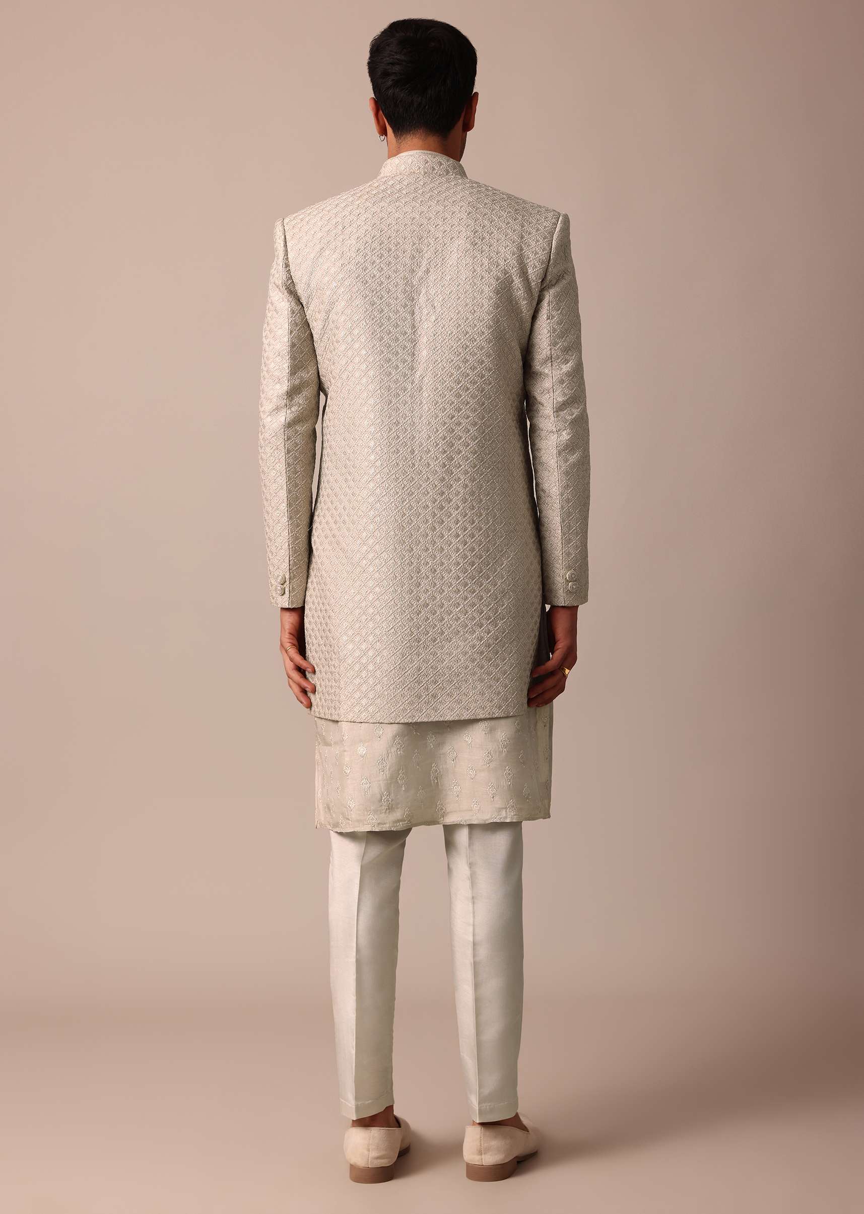 Elegant Beige Silk Sherwani Set With Intricate Embroidery - Image 5