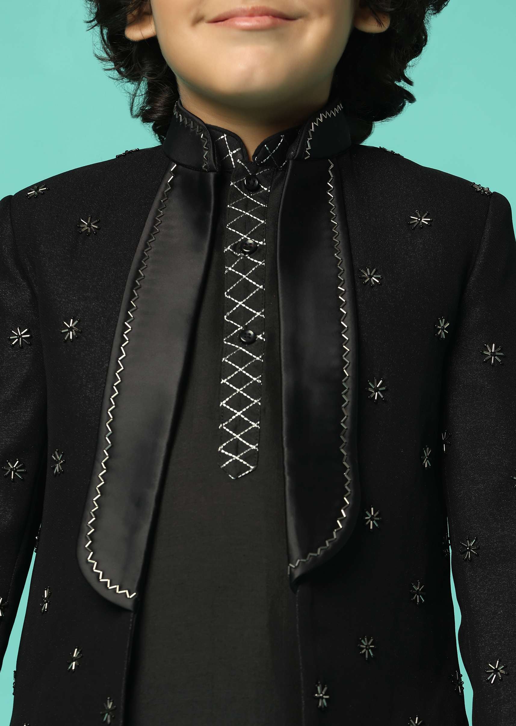Elegant Black Silk Sherwani Set For Boys - Image 4