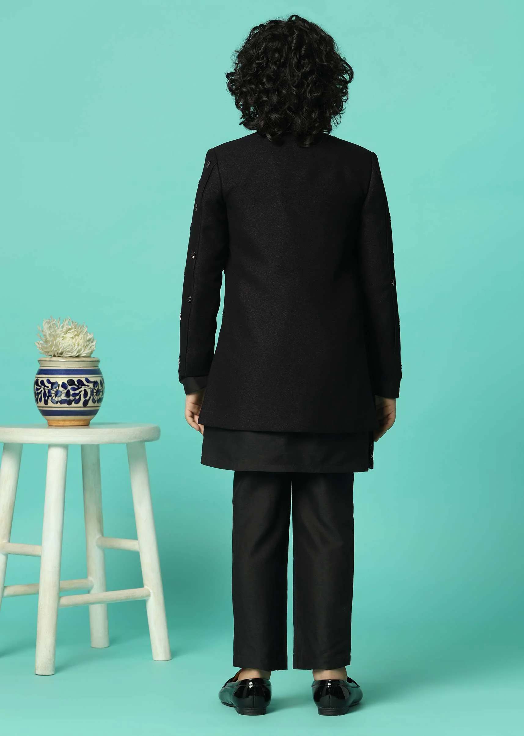 Elegant Black Silk Sherwani Set For Boys - Image 5