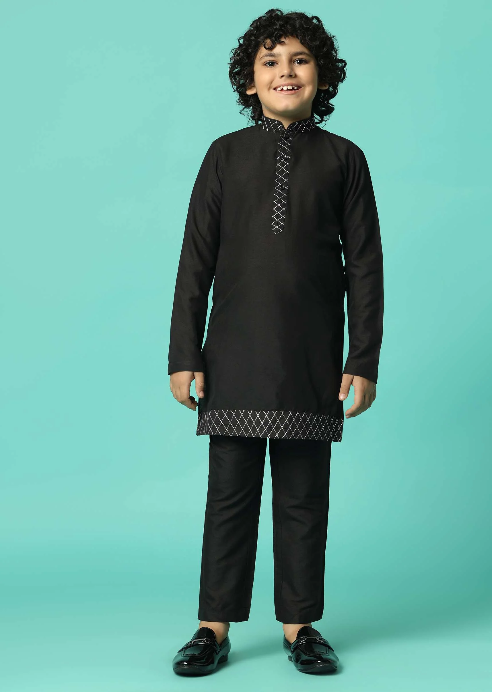 Elegant Black Silk Sherwani Set For Boys - Image 6
