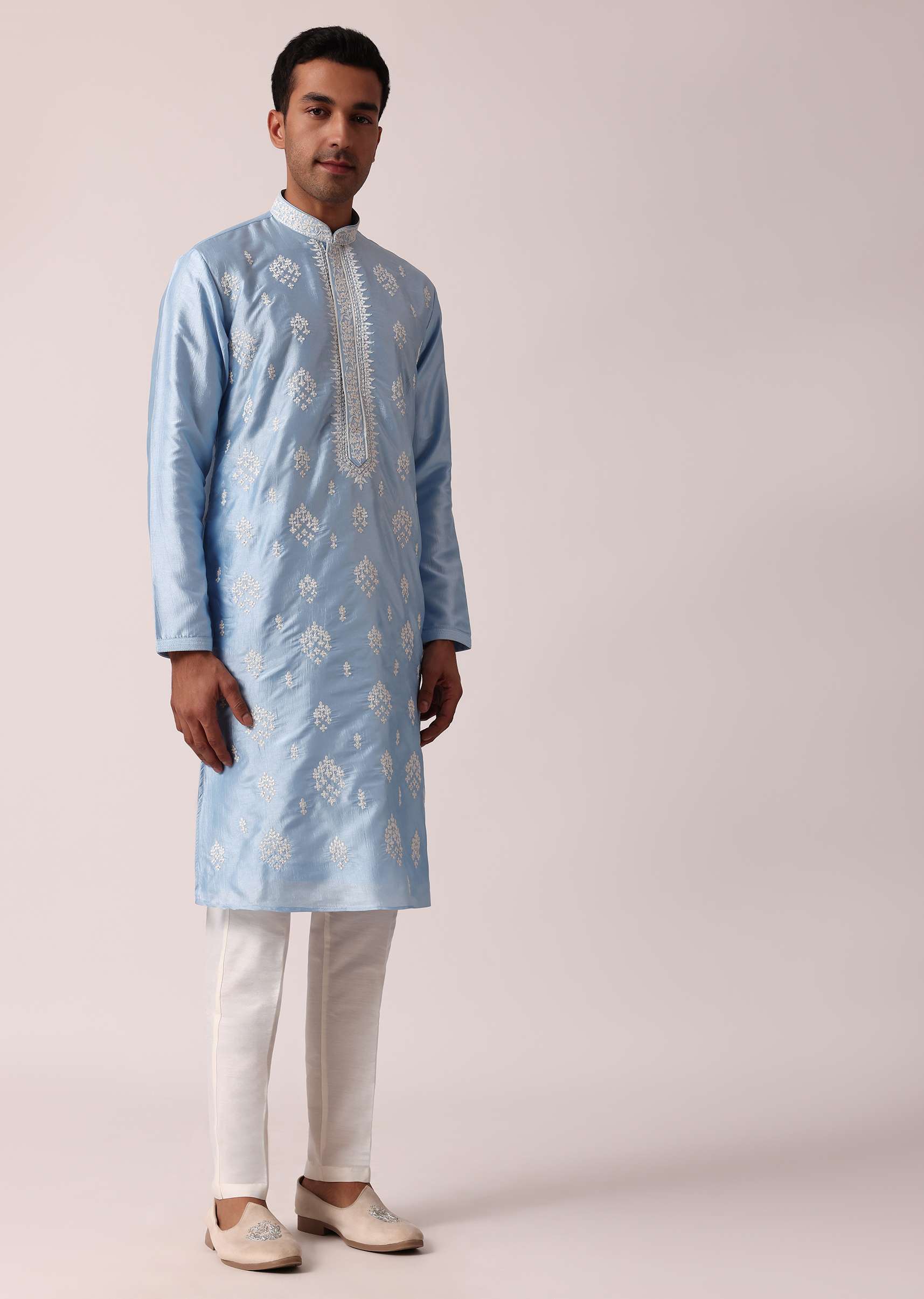 Elegant Blue Silk Kurta Set For Men - Image 3