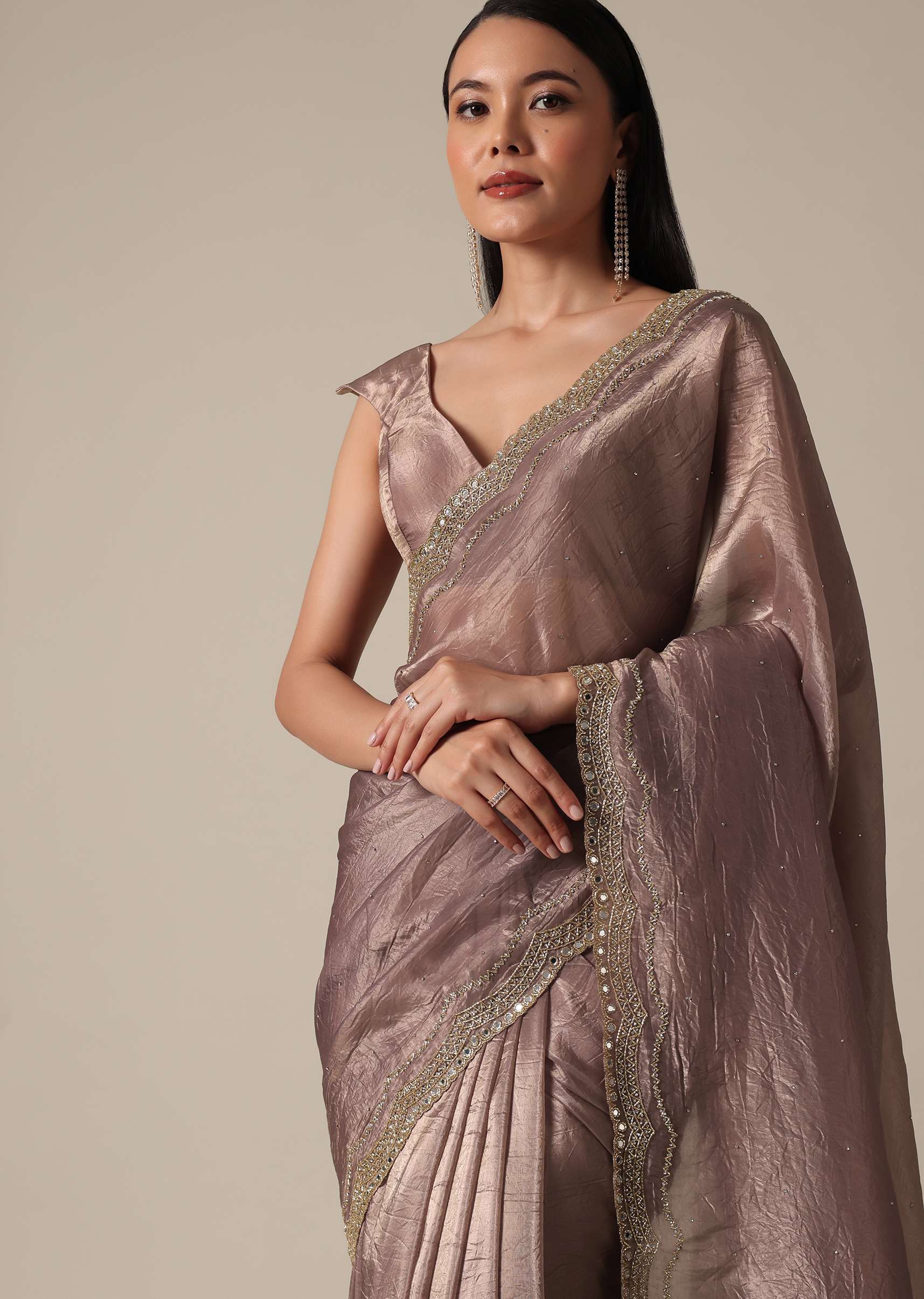 Elegant Brown Saree With Mirror and Stone Work - Image 2