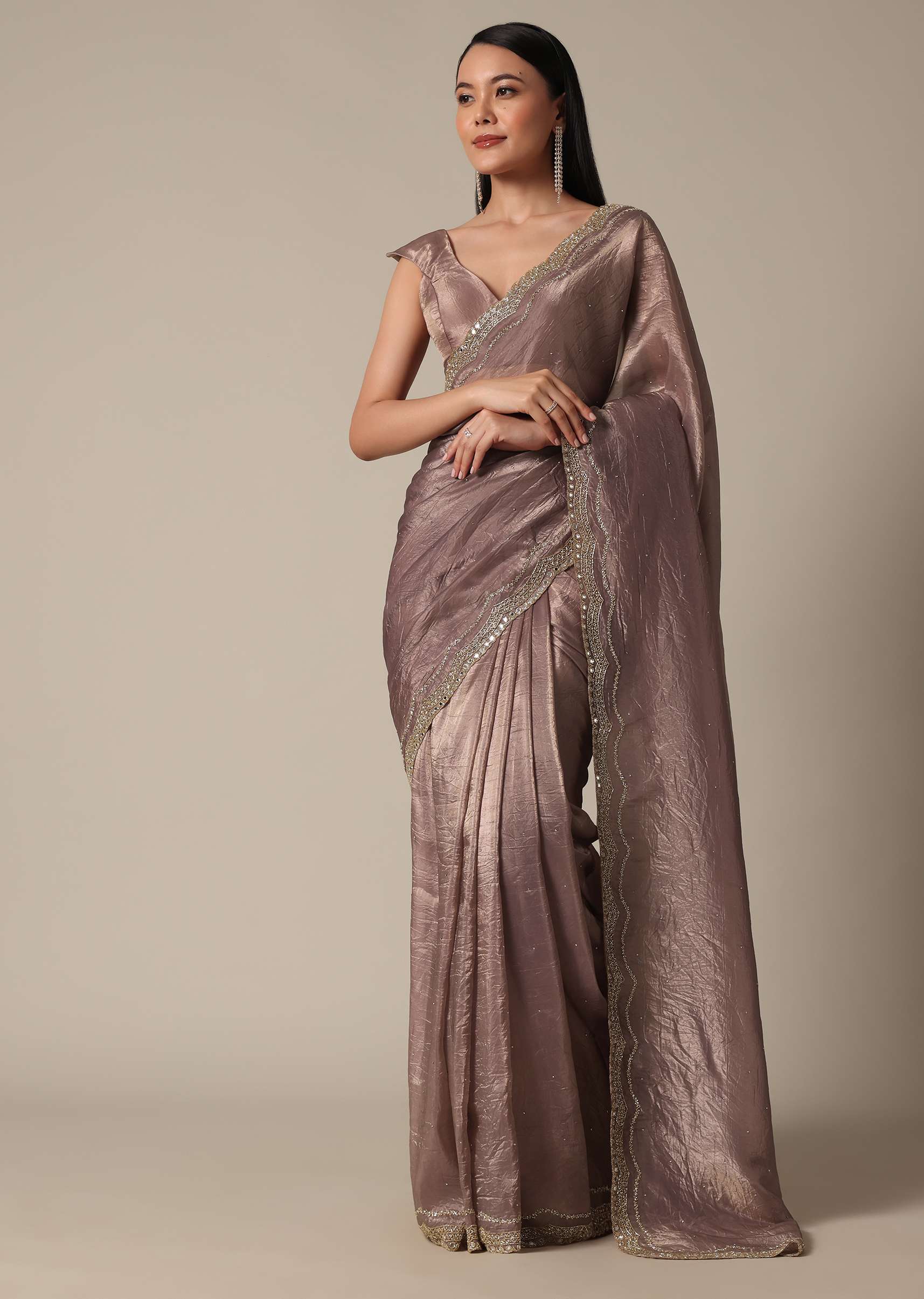 Elegant Brown Saree With Mirror and Stone Work - Image 3