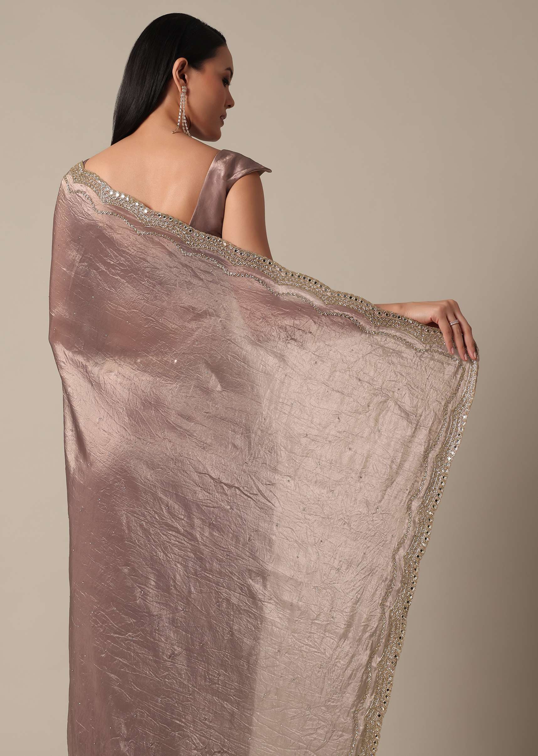 Elegant Brown Saree With Mirror and Stone Work - Image 4