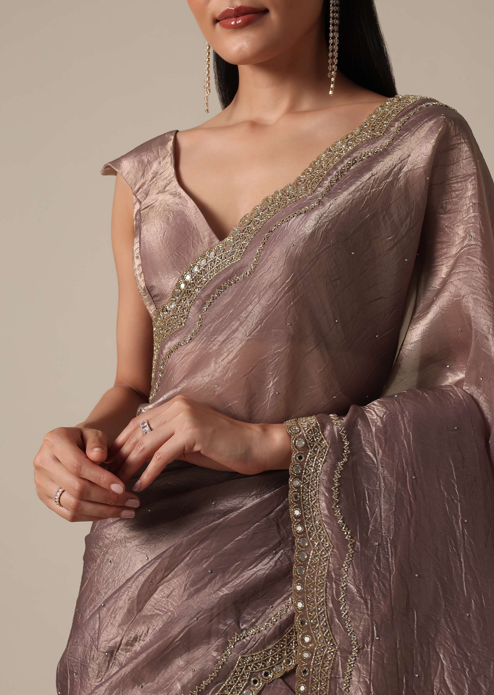 Elegant Brown Saree With Mirror and Stone Work - Image 5