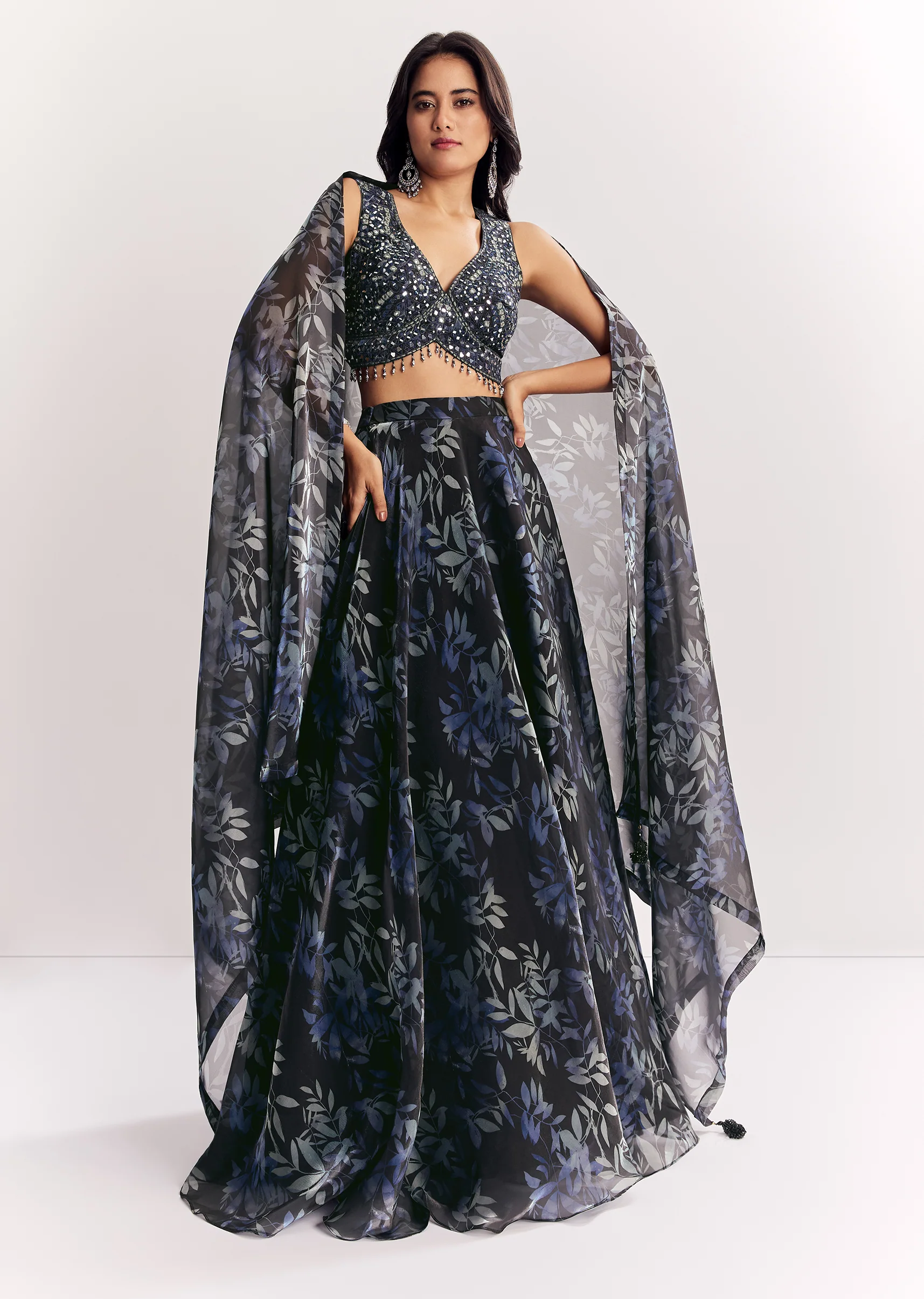 Elegant Festive Couple Set – Black Printed Mirror Work Lehenga Choli In Organza Tissue For Her And Black Matka Silk Jodhpuri Set With Mandarin Collar For Him - Image 3