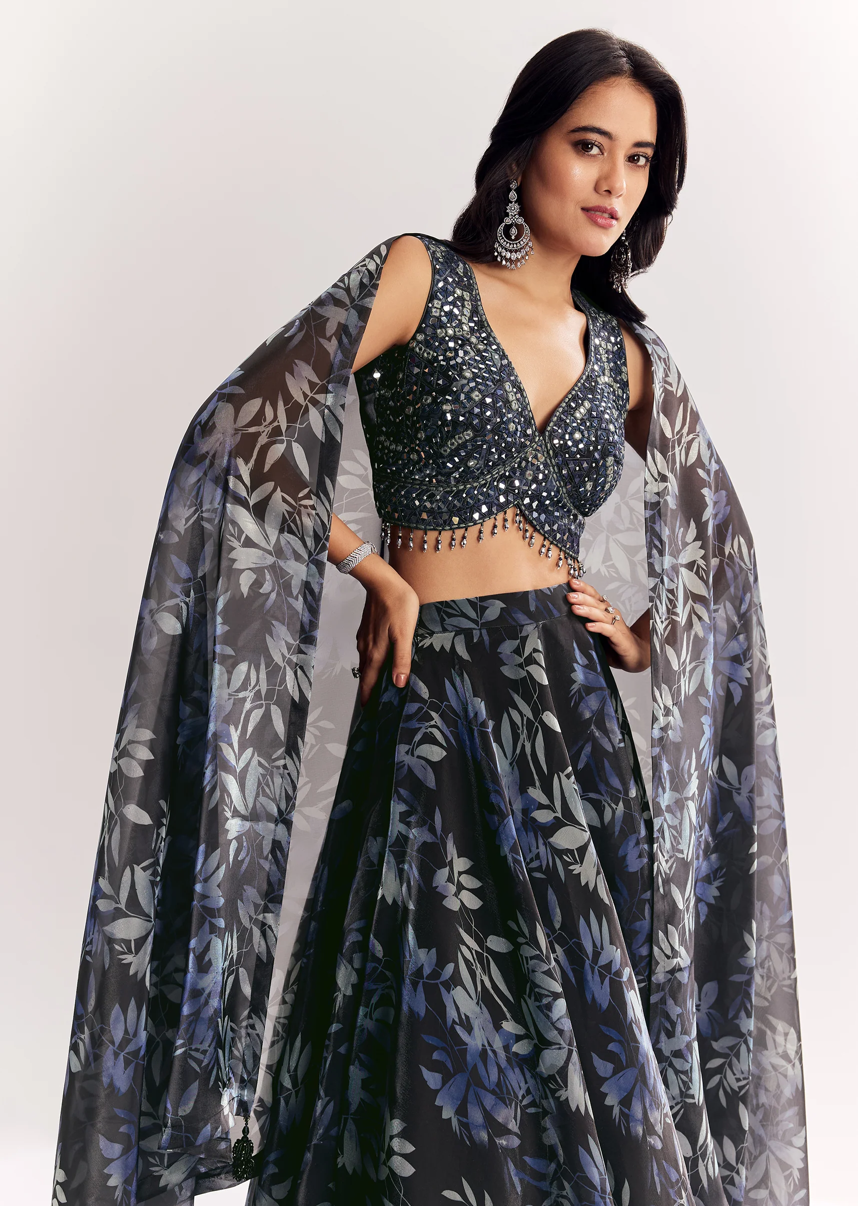 Elegant Festive Couple Set – Black Printed Mirror Work Lehenga Choli In Organza Tissue For Her And Black Matka Silk Jodhpuri Set With Mandarin Collar For Him - Image 4