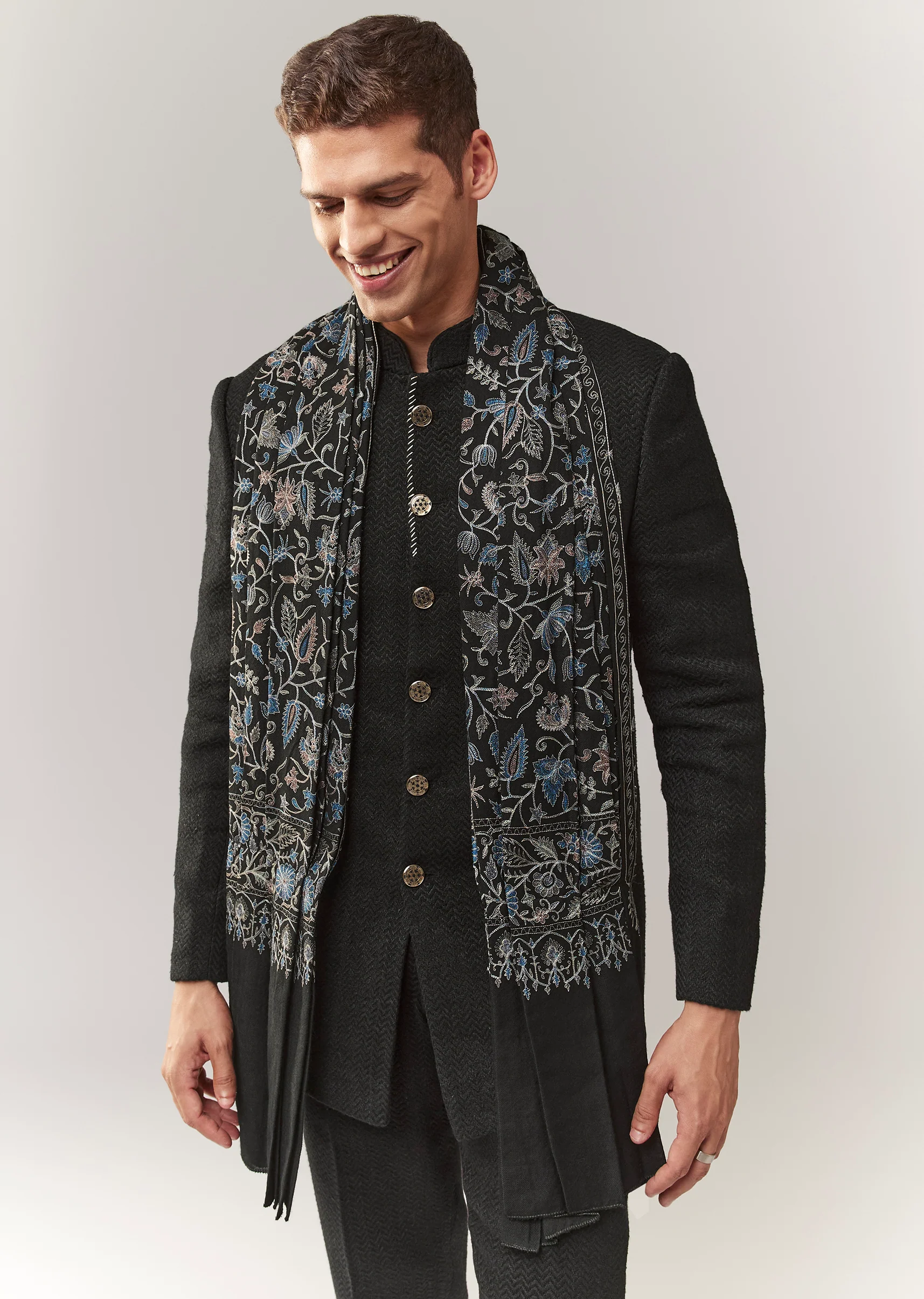Elegant Festive Couple Set – Black Printed Mirror Work Lehenga Choli In Organza Tissue For Her And Black Matka Silk Jodhpuri Set With Mandarin Collar For Him - Image 6
