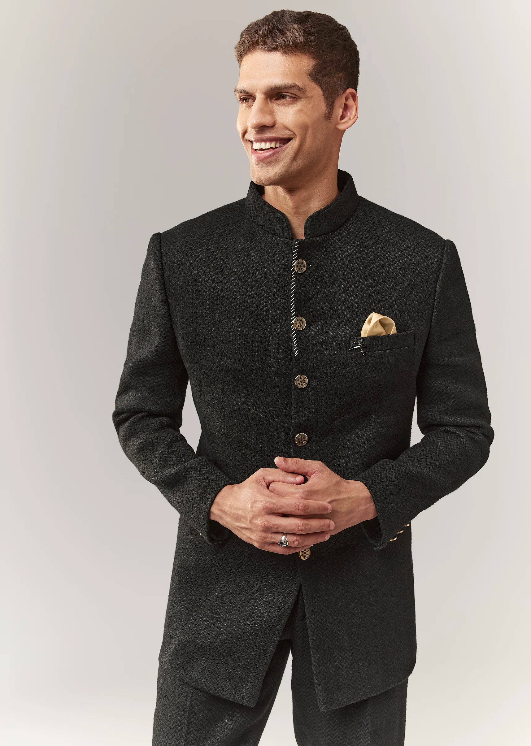 Elegant Festive Couple Set – Black Printed Mirror Work Lehenga Choli In Organza Tissue For Her And Black Matka Silk Jodhpuri Set With Mandarin Collar For Him - Image 8