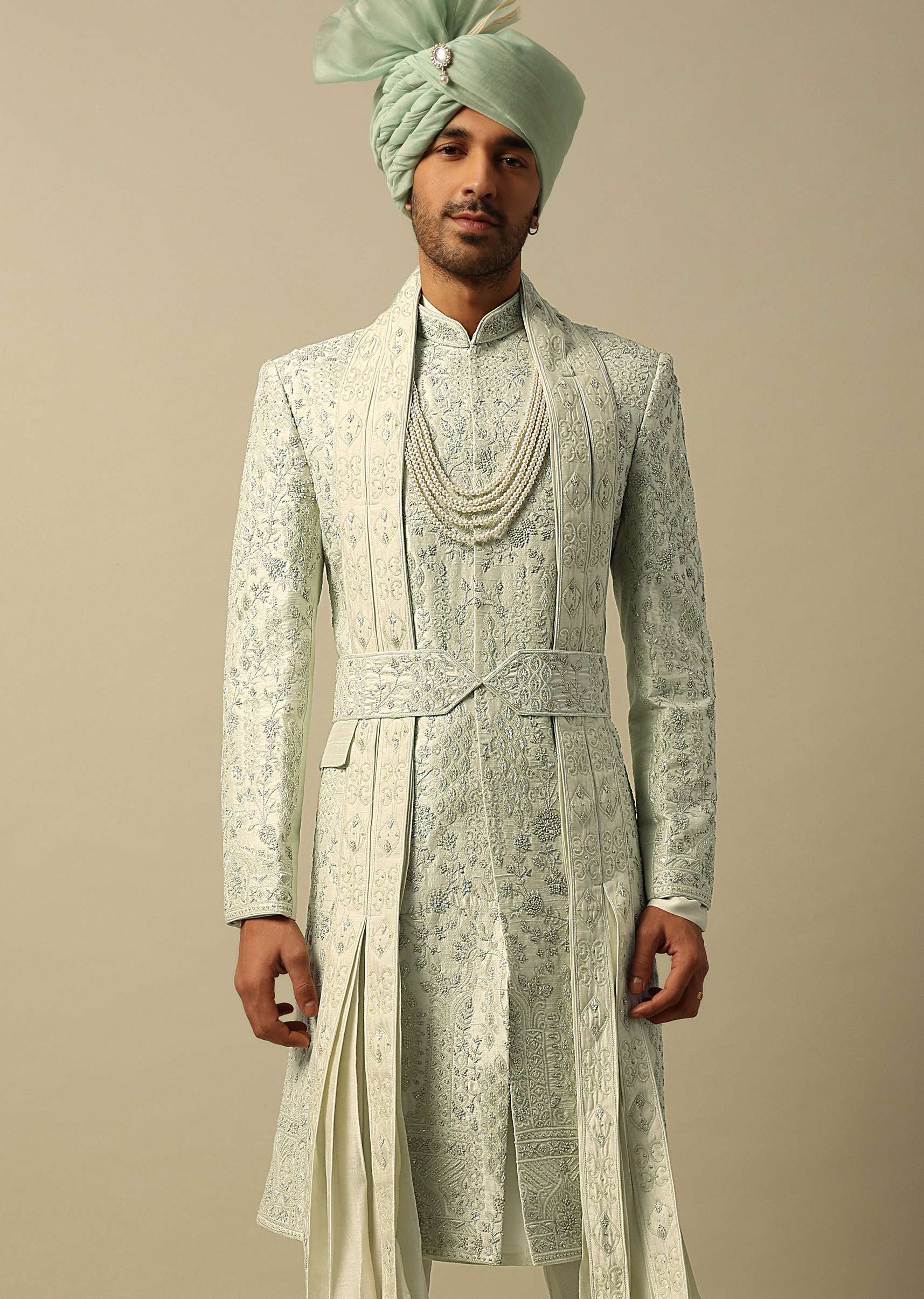 Elegant Green Raw Silk Sherwani Set - Image 3