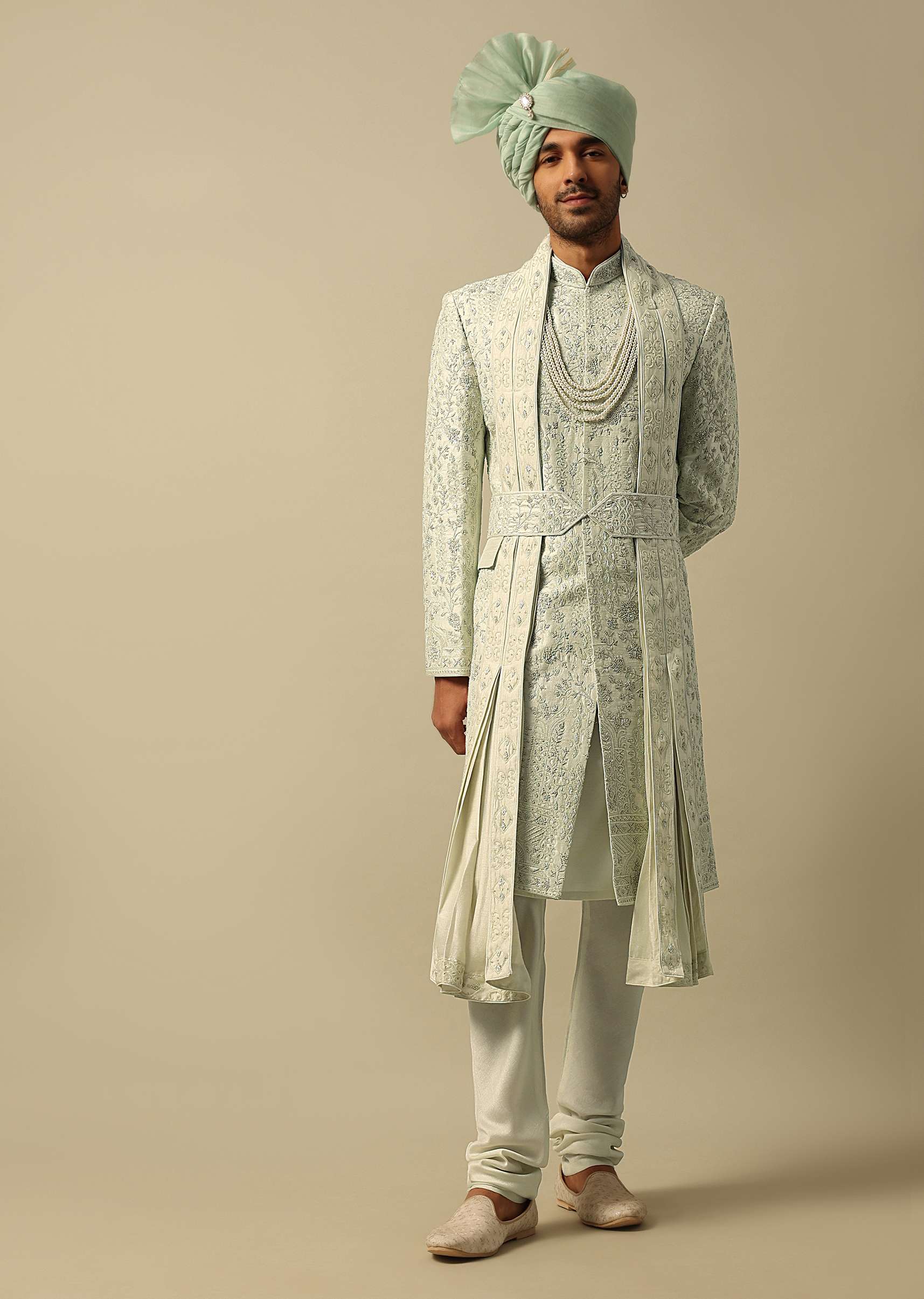 Elegant Green Raw Silk Sherwani Set - Image 4