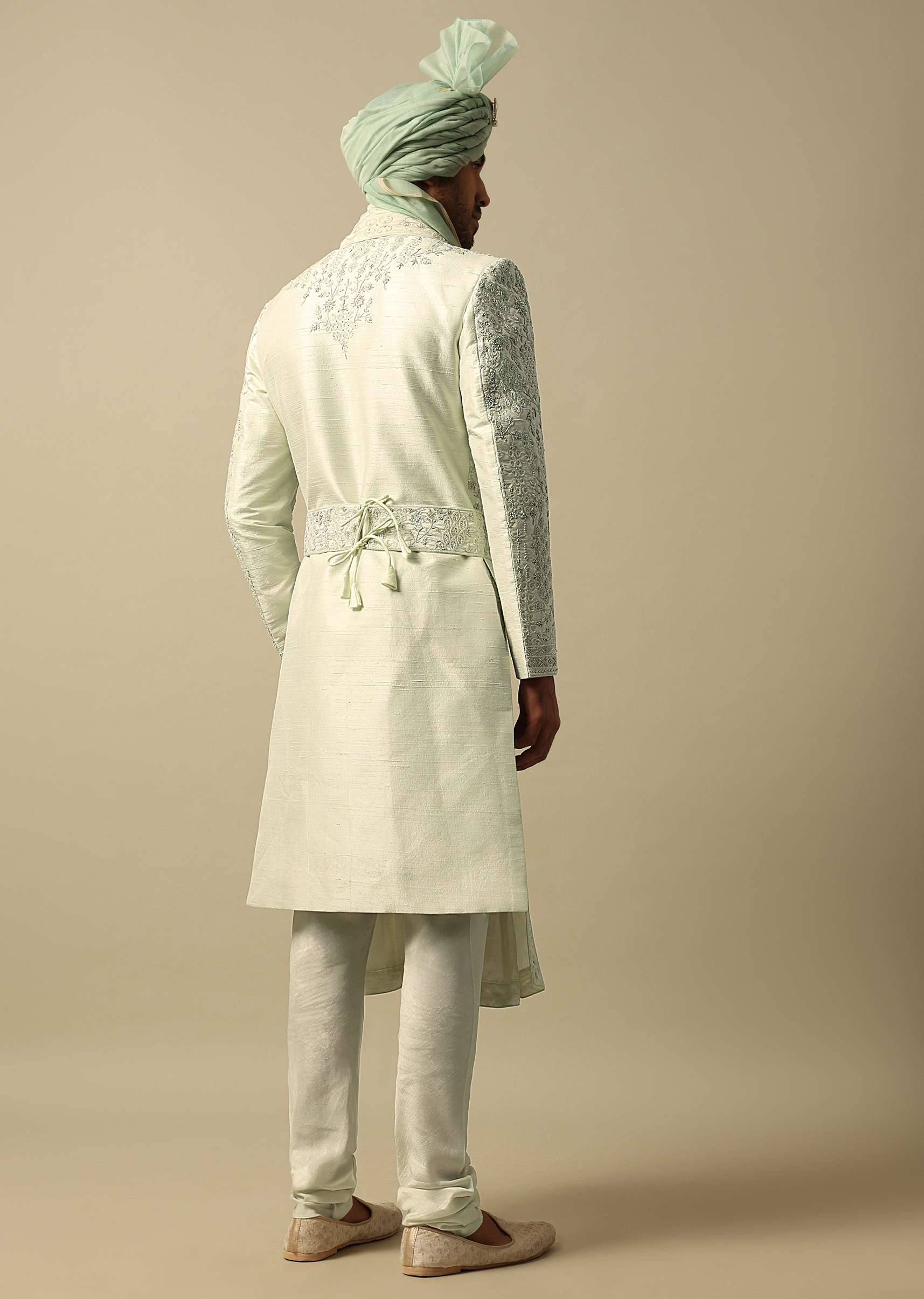 Elegant Green Raw Silk Sherwani Set - Image 5