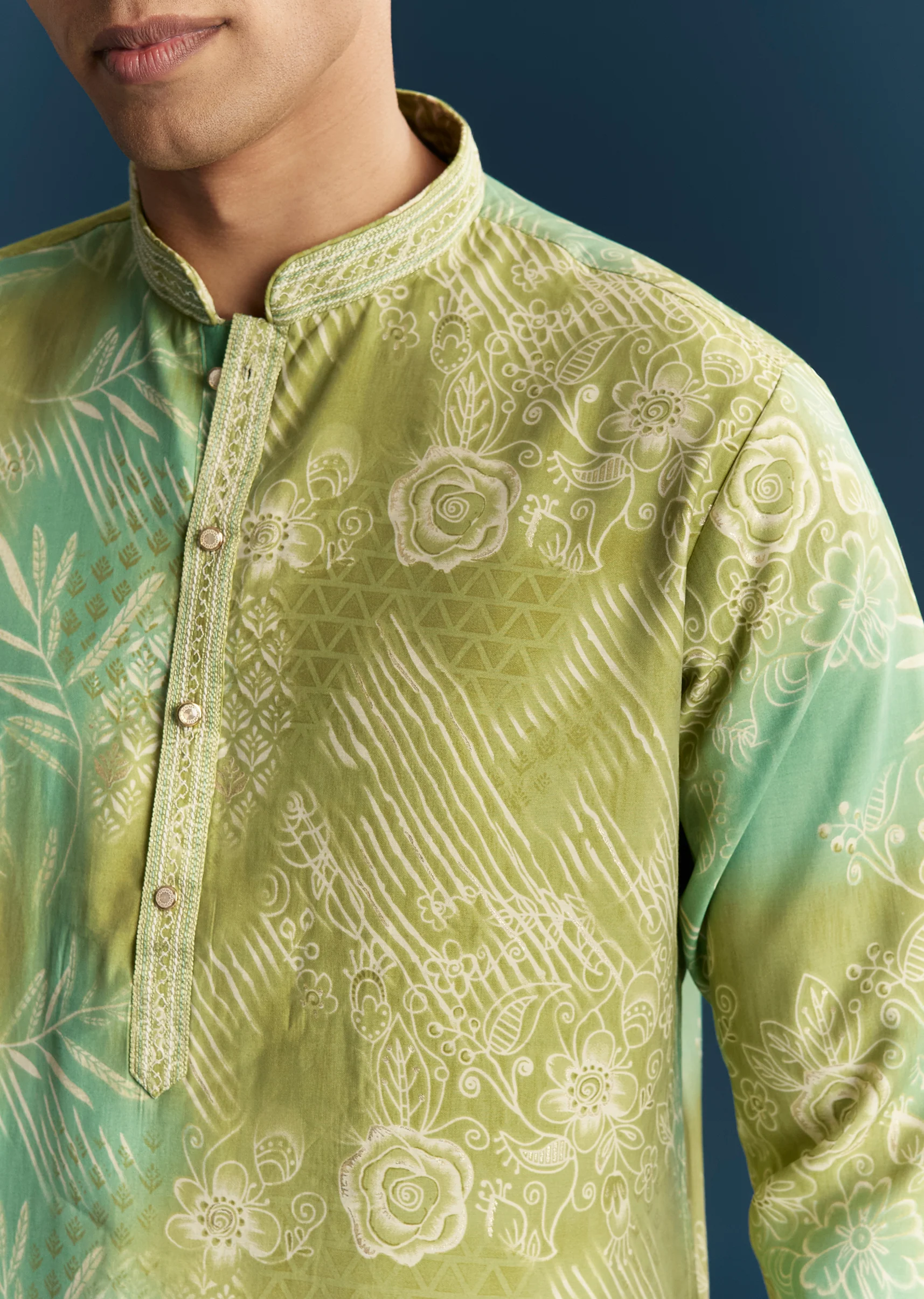 Elegant Green Silk Couple Set – Ombre Green Silk Coord Set For Her And Green Silk Printed Kurta Set For Him - Image 9