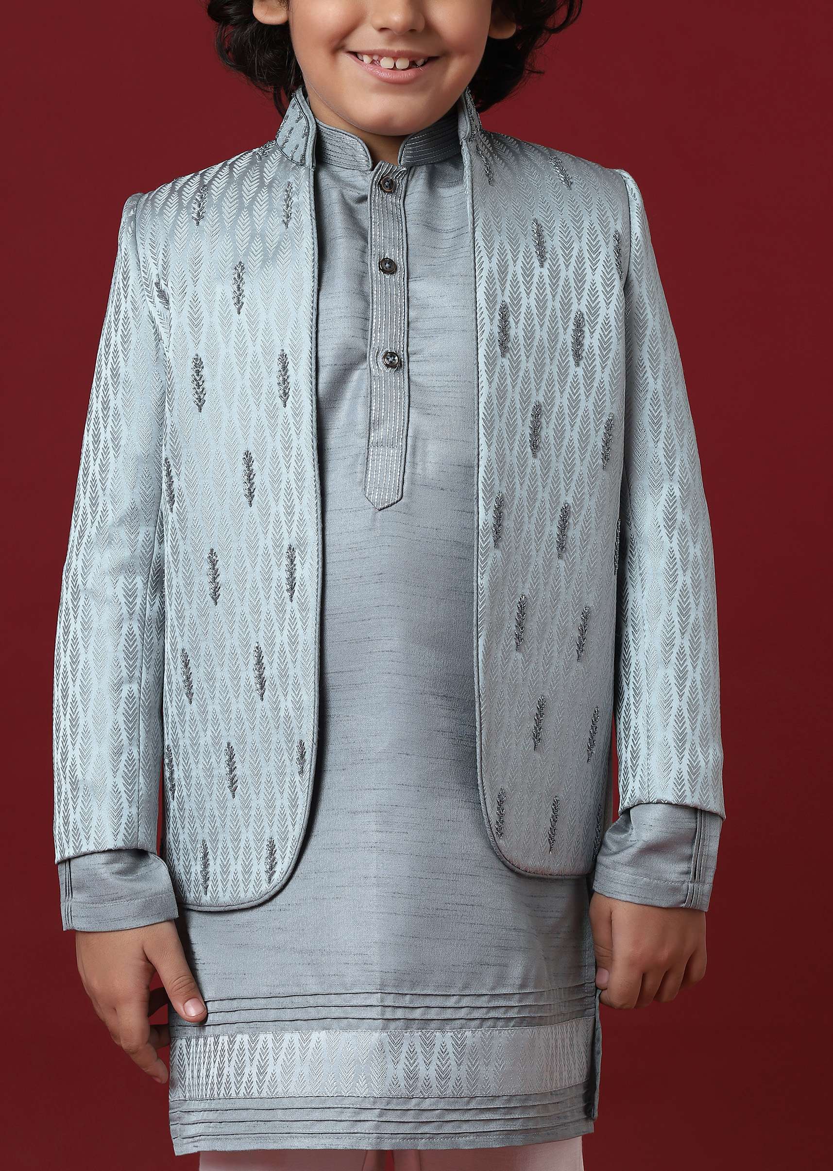 Elegant Grey Silk Sherwani Set for Boys - Image 2