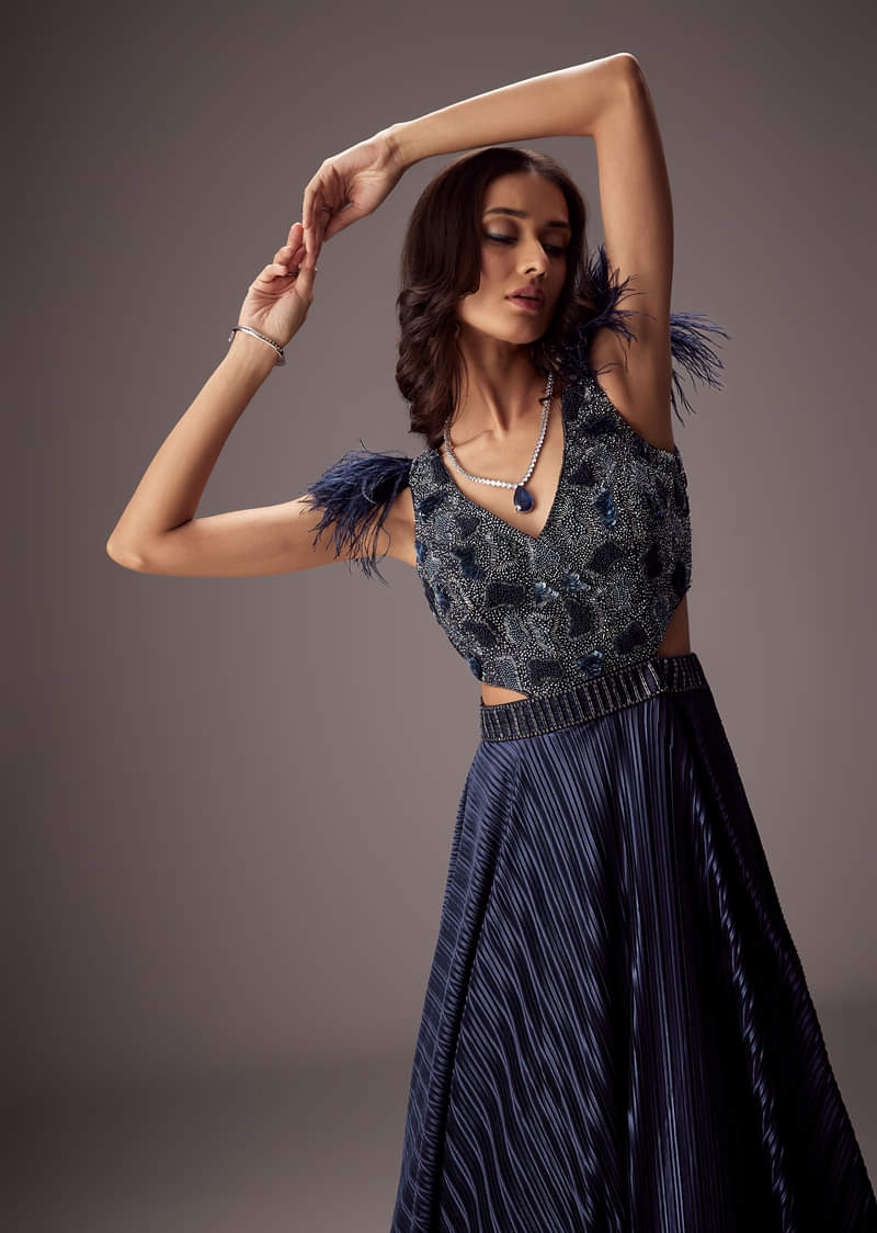 Elegant Navy Crepe Gown With Embroidered Yoke And Sweeping Ghera - Image 3