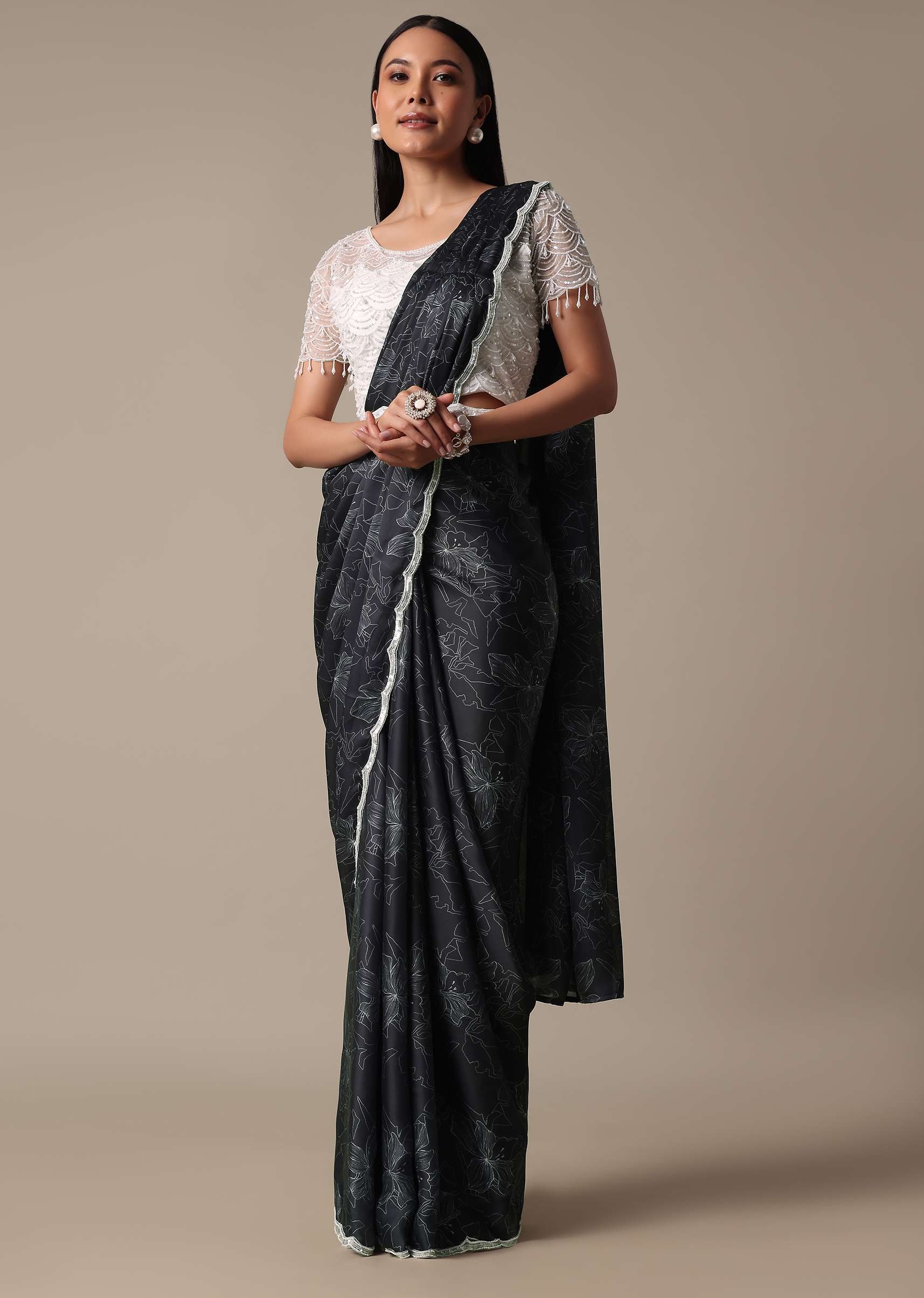 Elegant Ready To Wear Printed Saree With Embellished Ready Blouse - Image 3