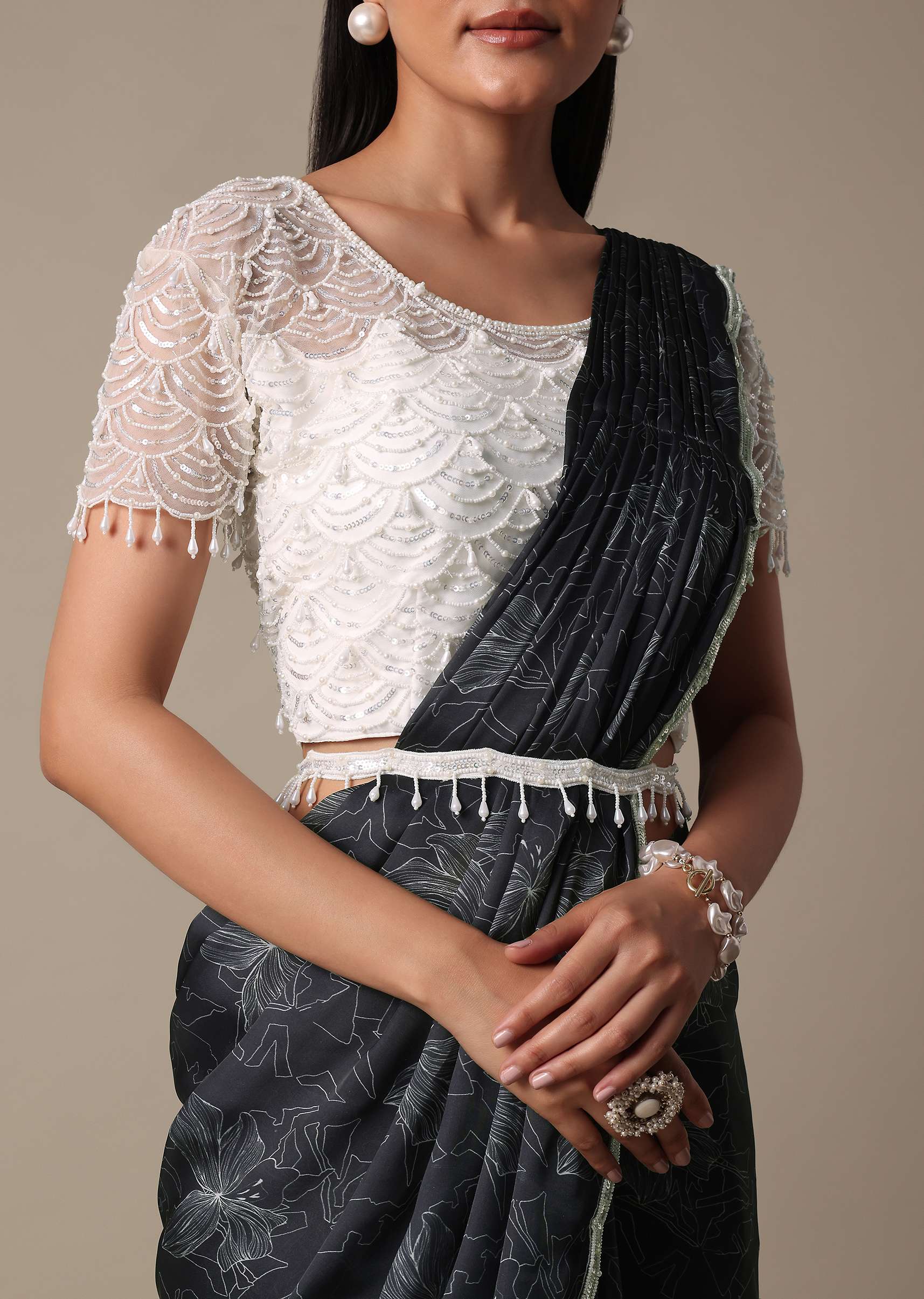 Elegant Ready To Wear Printed Saree With Embellished Ready Blouse - Image 5