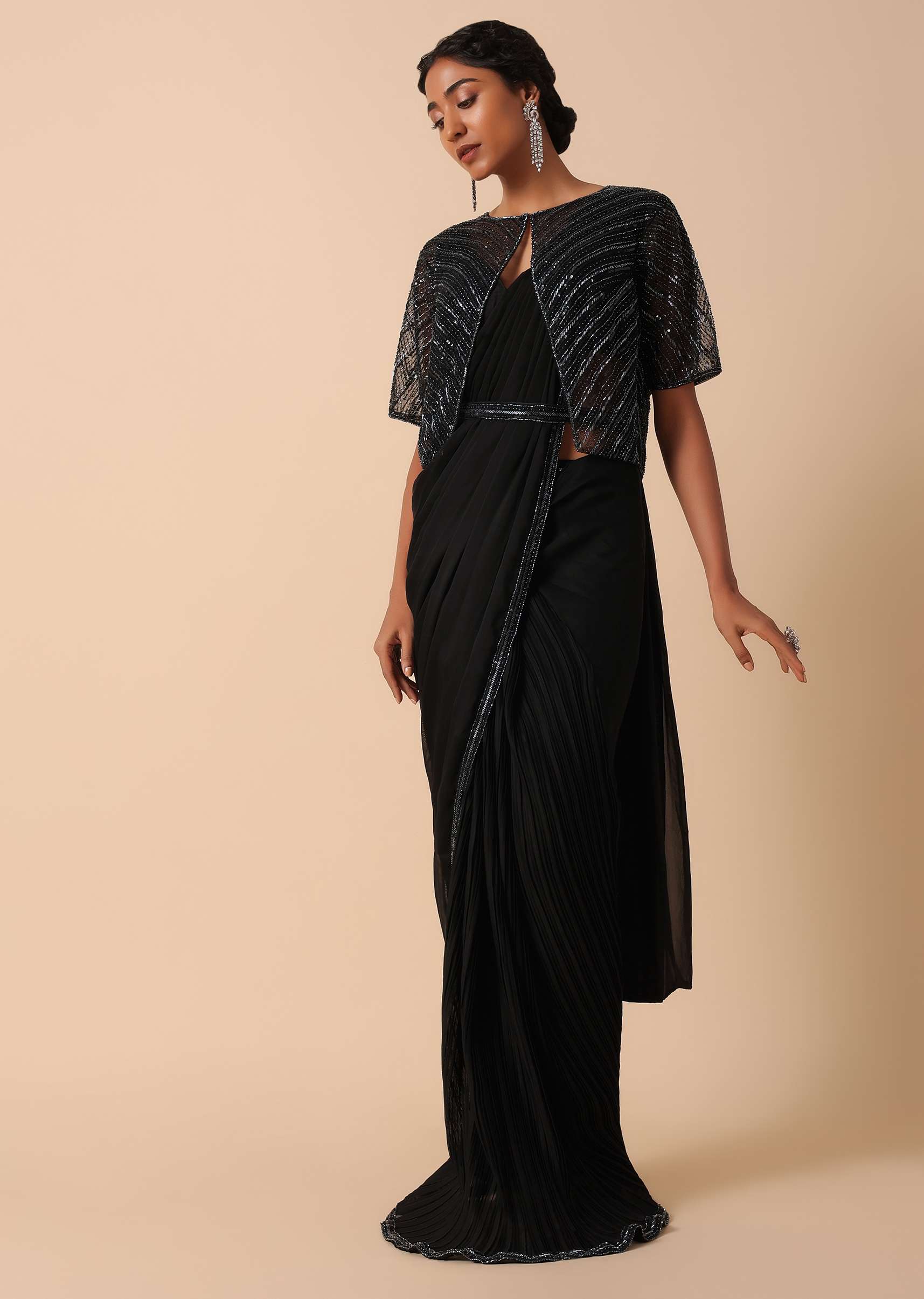 Elegant Pre Stitched Black Georgette Saree Set - Image 4