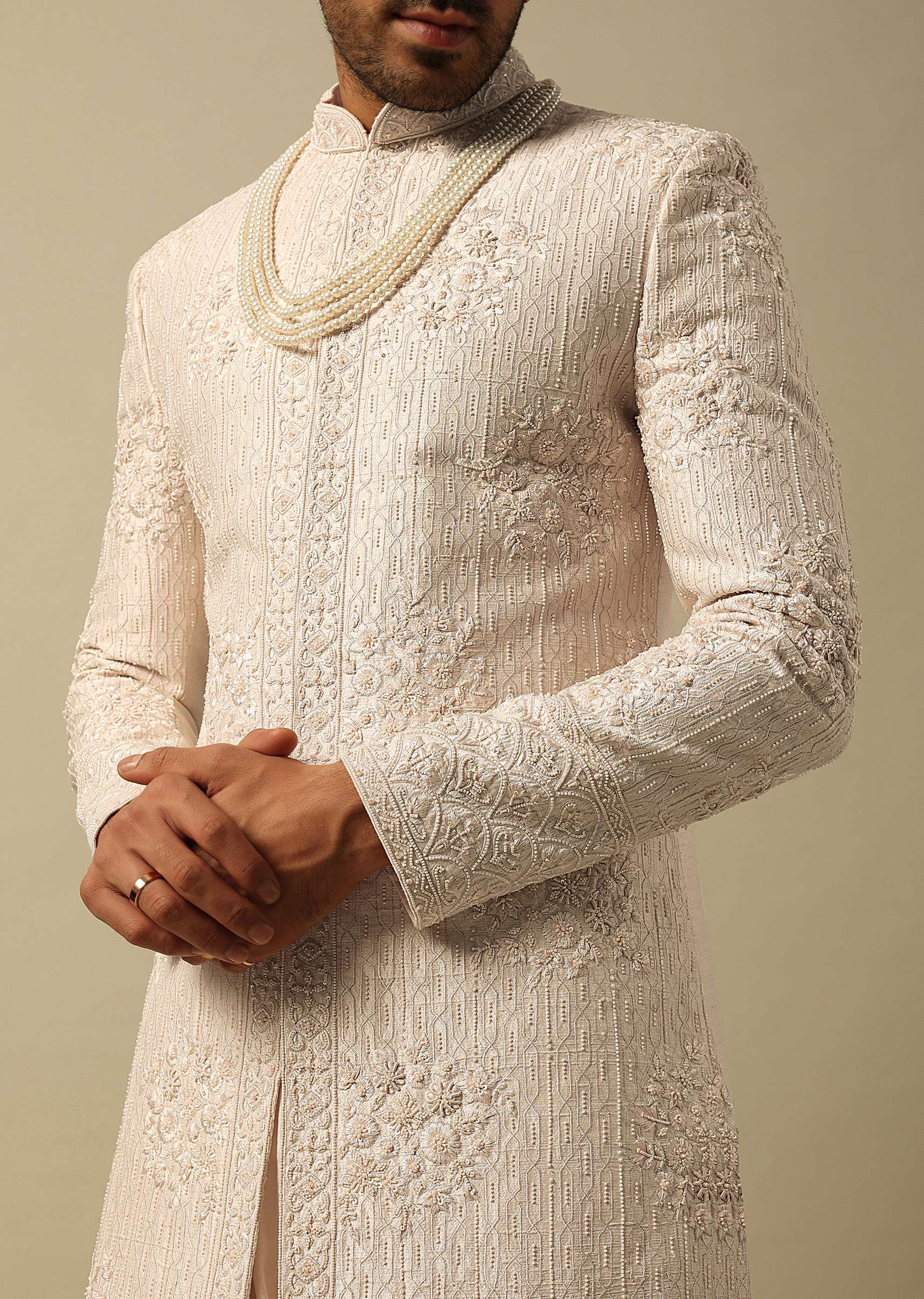 Elegant White Raw Silk Sherwani - Image 2