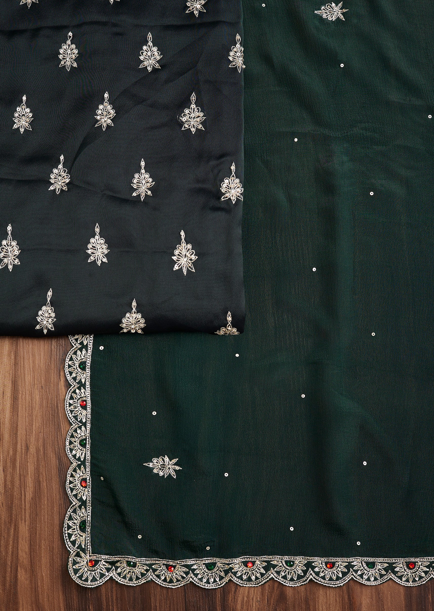 Embroidered Green Organza Suit Set - Image 3