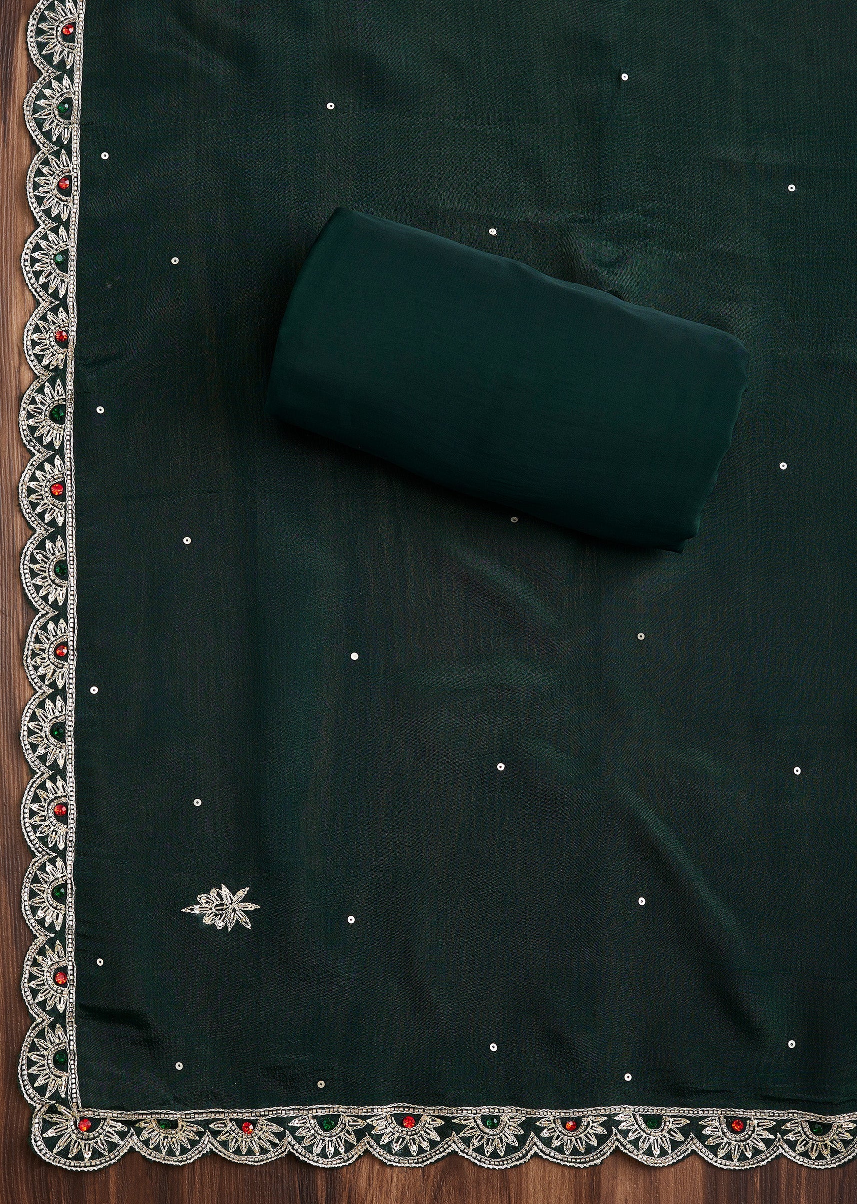 Embroidered Green Organza Suit Set - Image 4
