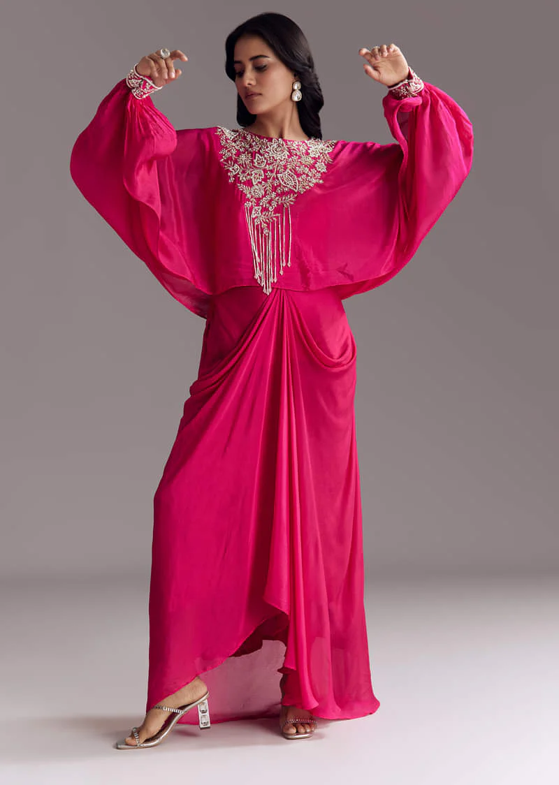 Embroidered Pink Skirt Set With Cape