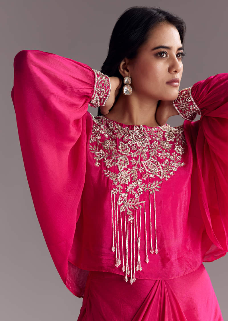 Embroidered Pink Skirt Set With Cape - Image 2