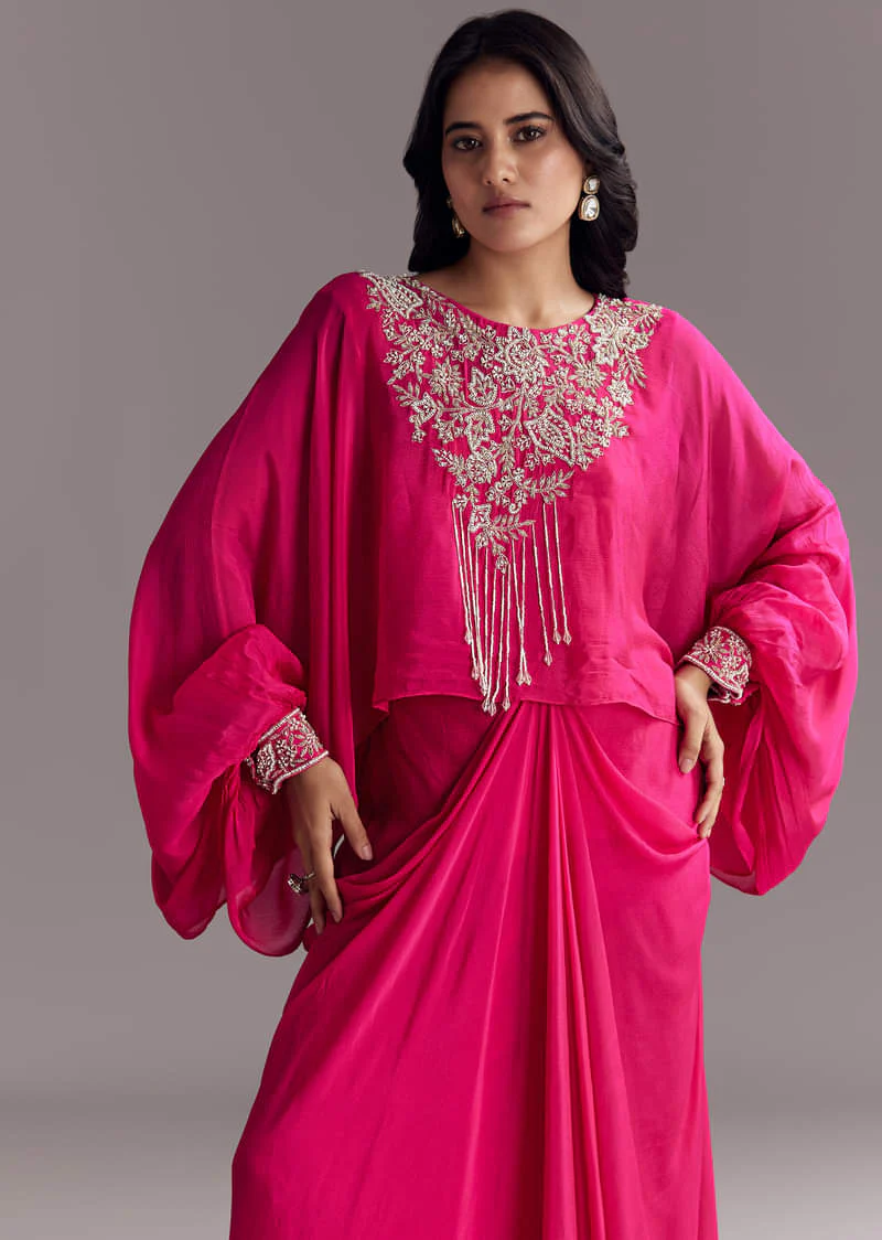 Embroidered Pink Skirt Set With Cape - Image 3
