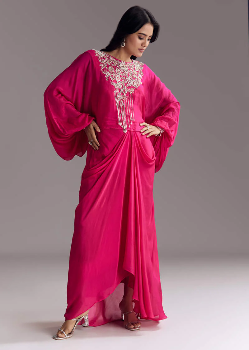 Embroidered Pink Skirt Set With Cape - Image 4